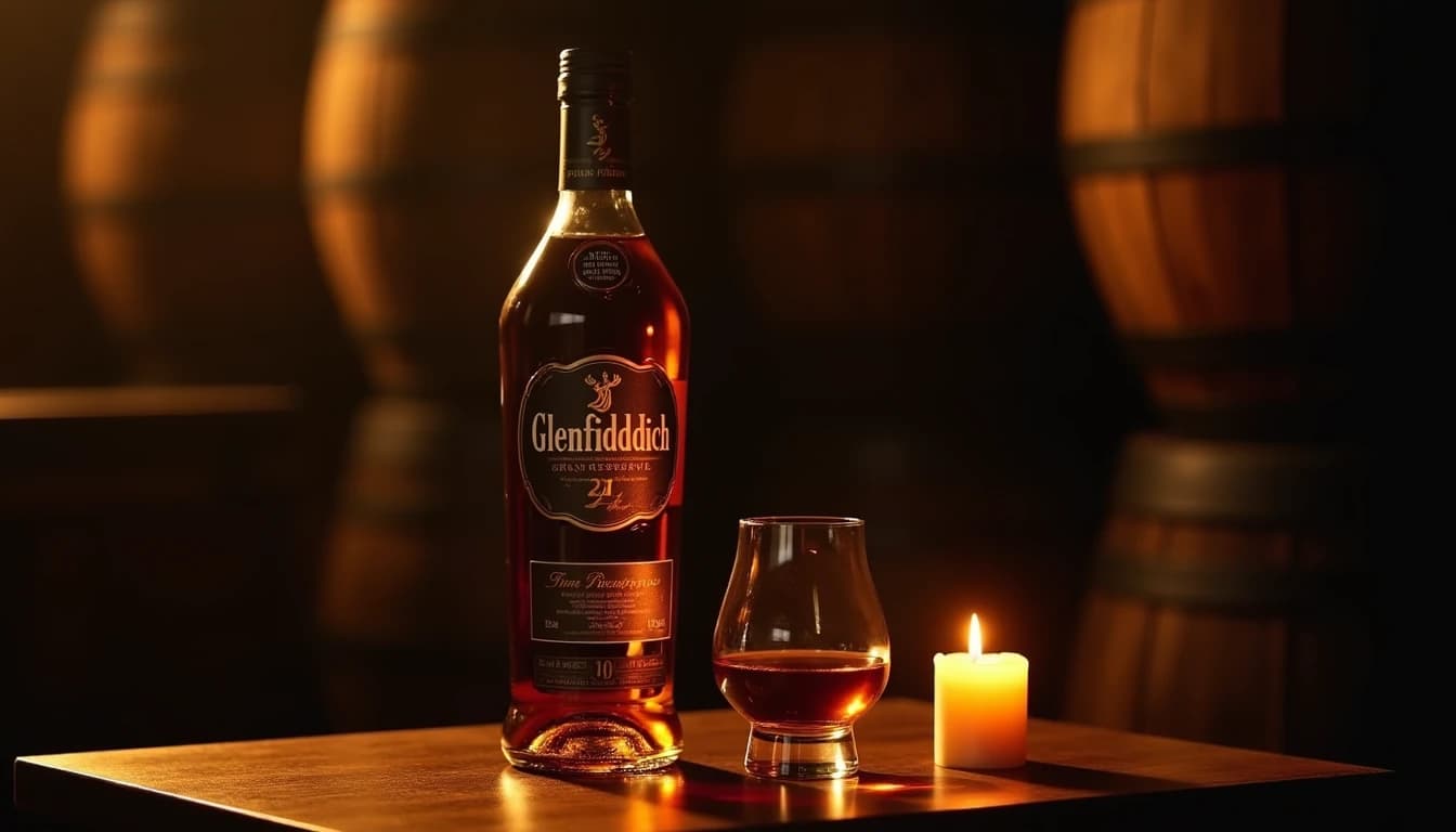 Moody hero shot of a Glenfiddich 21 Gran Reserva bottle standing on a dark walnut table beside a filled Glencairn glass with deep amber whisky, warm single candle light casting long shadows, blurred rum barrels visible in the background, photorealistic, 16:9 cinematic composition, rich tones of gold and brown