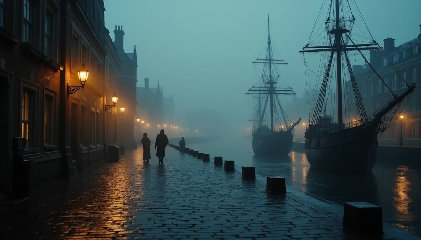 Wide cinematic hero shot of a misty Dublin quayside at dawn in the late 18th century, cobblestone streets glistening with rain, old sailing ships moored on the River Liffey, warm lantern glow reflecting on wet stones, atmospheric fog rolling in, painterly yet photorealistic style, 16:9 format