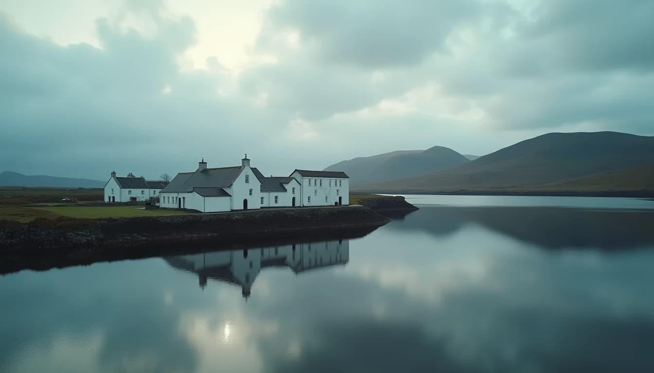 Aerial wide-angle view of Bowmore Distillery on the shores of Loch Indaal, Islay, Scotland — iconic white-painted stone buildings reflected in calm grey-blue water, dramatic overcast sky with soft light breaking through clouds, rugged Scottish landscape in background, photorealistic, cinematic 16:9 hero shot