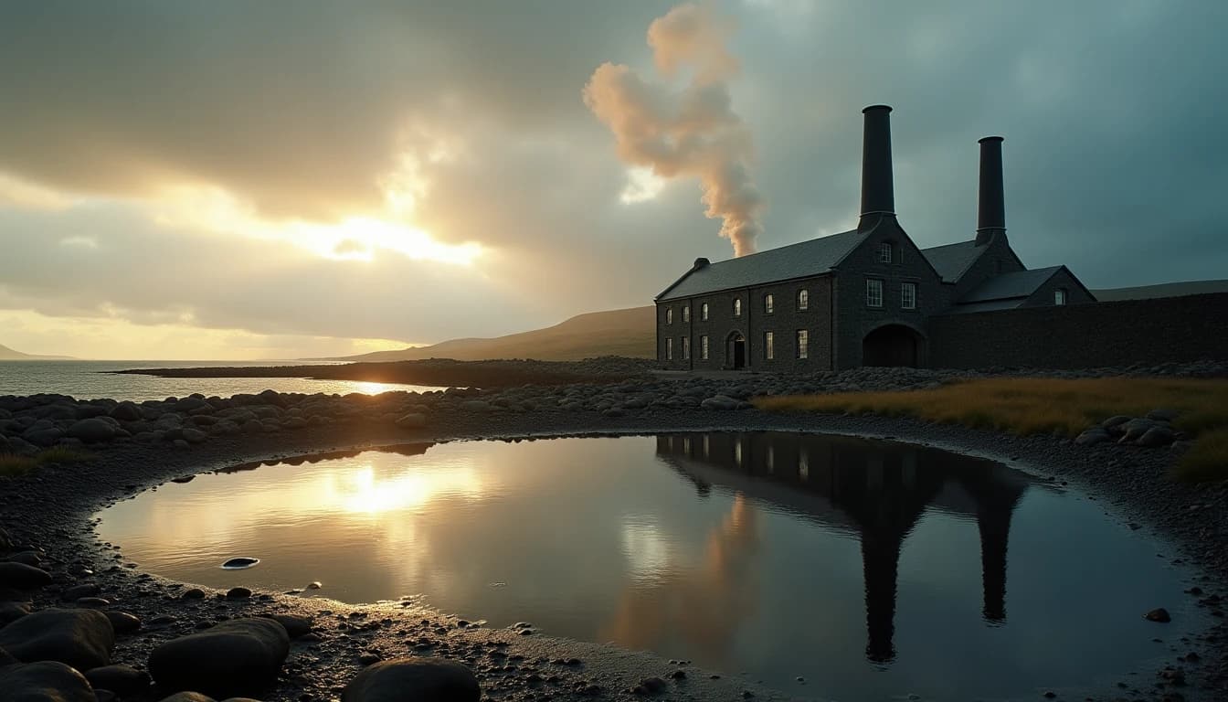 Dramatic wide-angle hero shot of the Ardbeg distillery on the southern coast of Islay, Scotland, at golden hour — stone walls reflected in a still tidal pool, peat smoke rising from chimneys into a moody overcast sky, Atlantic ocean visible in the background, cinematic lighting, photorealistic, 16:9 composition