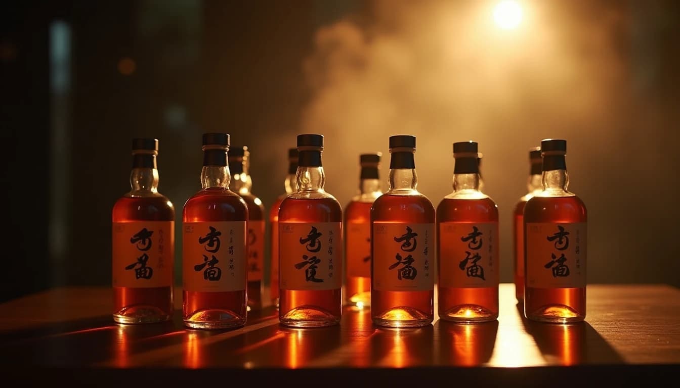 Flat lay of ten Japanese whisky bottles arranged elegantly on a dark polished wooden surface, soft warm amber lighting from above, shallow depth of field, moody and cinematic atmosphere, mist in background, 16:9 hero shot