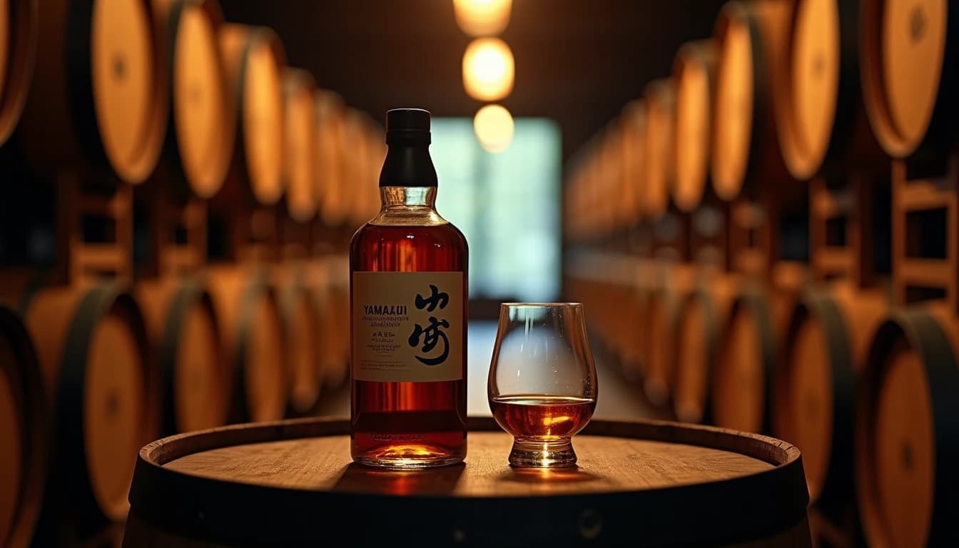 Editorial hero shot of a Yamazaki mizunara whisky bottle and a Glencairn glass half-filled with amber liquid, placed on a dark aged oak barrel in a dimly lit Japanese distillery cellar, rows of mizunara casks visible in the background, warm amber side light from a narrow window, shallow depth of field, rich brown and gold color palette, Whisky Magazine editorial style, 35mm lens impression, no candles, no flowers, editorial product photography, Whisky Magazine and Cigar Aficionado style, professional, hyperrealistic, warm amber lighting from window or bar lamp, polished wood and brass, shallow depth of field, 50mm lens look. Avoid: candles, lit candle, flowers, vases, Christmas decorations, neon, futuristic, jewelry, hanging bulbs, digital screens, motion blur, cartoon, illustration.