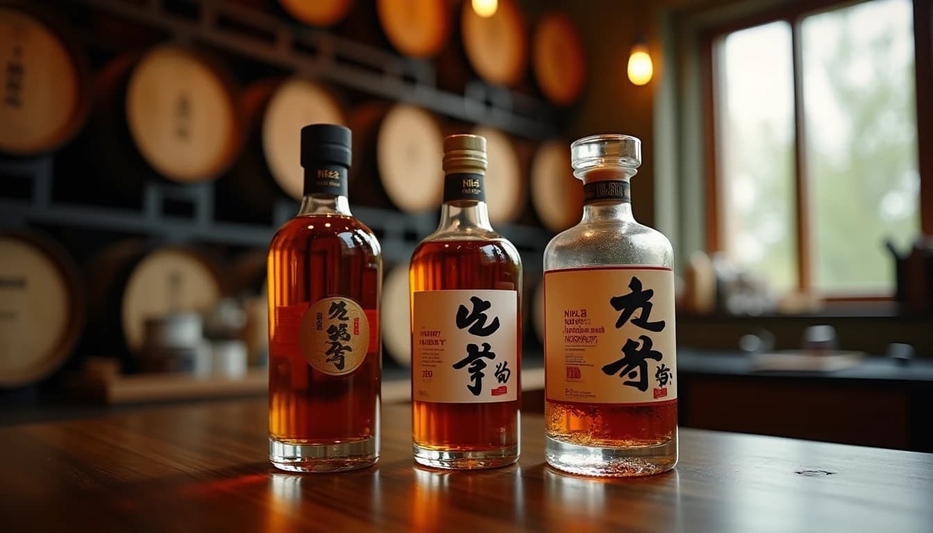 Editorial wide shot of three distinct Japanese whisky bottles — Nikka, Suntory Hibiki silhouette shapes — arranged on a dark walnut surface, soft warm side lighting from a low window, amber liquid visible through glass, Japanese kanji label details sharp in foreground, blurred distillery barrel rack in background, photographic style of Whisky Magazine, 50mm lens impression, muted earth and amber color palette, no candles, no flowers, no neon, editorial product photography, Whisky Magazine and Cigar Aficionado style, professional, hyperrealistic, warm amber lighting from window or bar lamp, polished wood and brass, shallow depth of field, 50mm lens look. Avoid: candles, lit candle, flowers, vases, Christmas decorations, neon, futuristic, jewelry, hanging bulbs, digital screens, motion blur, cartoon, illustration.