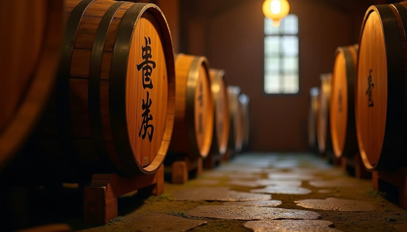 Editorial hero shot of a single Mizunara oak barrel in a dim Japanese whisky warehouse, warm amber side light from a narrow window illuminating the wood grain and kanji stencil on the barrel head, mossy stone floor, additional barrels blurred in background, photographic style of Whisky Magazine, wide 35mm perspective, deep shadows, rich brown and gold palette, no candles, no flowers, no neon, editorial product photography, Whisky Magazine and Cigar Aficionado style, professional, hyperrealistic, warm amber lighting from window or bar lamp, polished wood and brass, shallow depth of field, 50mm lens look. Avoid: candles, lit candle, flowers, vases, Christmas decorations, neon, futuristic, jewelry, hanging bulbs, digital screens, motion blur, cartoon, illustration.