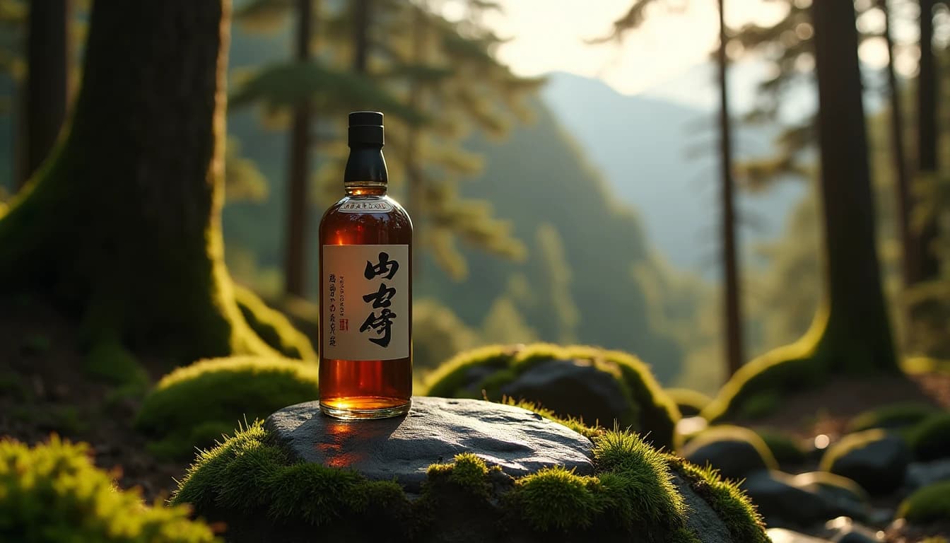 Editorial hero shot of a Hakushu single malt whisky bottle placed on a mossy forest rock in a Japanese alpine forest, soft diffused morning light filtering through tall cedar trees, green and amber color palette, shallow depth of field, dark wet stone surface, distant mountain silhouette in background, Whisky Magazine editorial style, 35mm lens impression, no candles, no flowers, no neon, editorial product photography, Whisky Magazine and Cigar Aficionado style, professional, hyperrealistic, warm amber lighting from window or bar lamp, polished wood and brass, shallow depth of field, 50mm lens look. Avoid: candles, lit candle, flowers, vases, Christmas decorations, neon, futuristic, jewelry, hanging bulbs, digital screens, motion blur, cartoon, illustration.