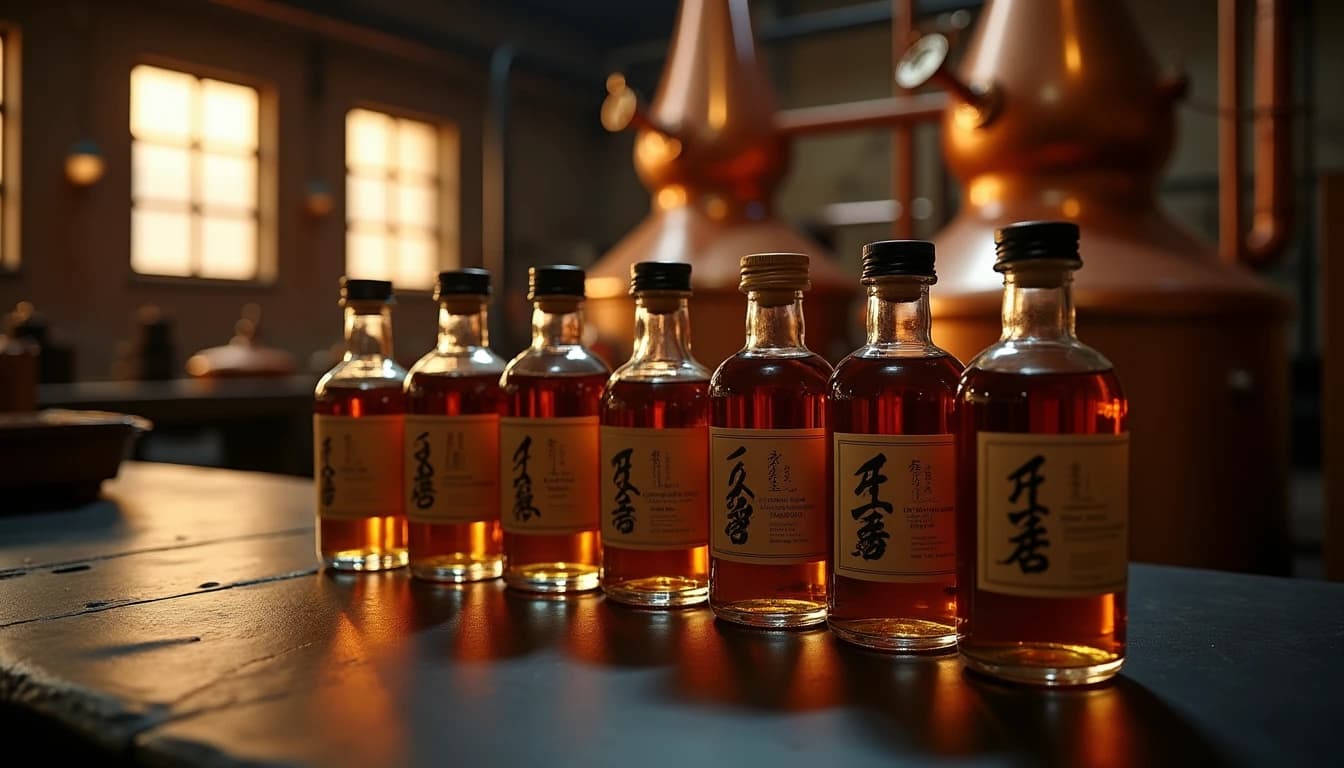 Editorial hero shot of seven small Japanese craft whisky bottles lined up on a dark slate surface inside a dimly lit Japanese distillery warehouse, each bottle with handwritten labels and different amber liquid levels, warm amber light from a single industrial window on the left, blurred copper pot stills visible in background, low-angle composition, cinematic depth of field, Whisky Magazine editorial style, no candles, no flowers, no neon, editorial product photography, Whisky Magazine and Cigar Aficionado style, professional, hyperrealistic, warm amber lighting from window or bar lamp, polished wood and brass, shallow depth of field, 50mm lens look. Avoid: candles, lit candle, flowers, vases, Christmas decorations, neon, futuristic, jewelry, hanging bulbs, digital screens, motion blur, cartoon, illustration.