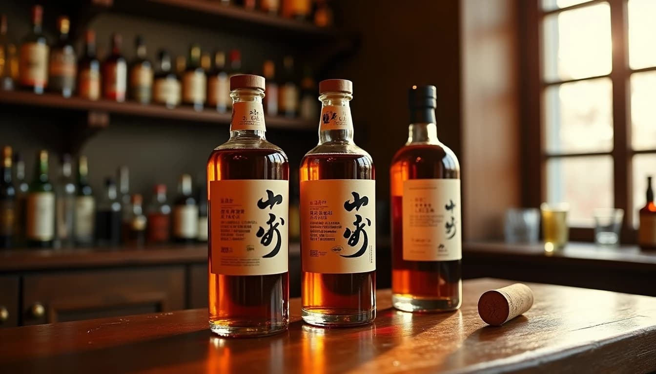 Editorial hero shot of three Japanese whisky bottles — Yamazaki, Nikka, and an unbranded amber bottle — arranged on a dark aged oak bar counter, soft warm amber window light from the right casting long shadows, one bottle slightly open with cork beside it, Japanese washi paper texture visible on labels, low-key lighting, rich walnut tones, Whisky Magazine editorial style, 35mm wide look, shallow depth of field, no candles, no flowers, no neon, editorial product photography, Whisky Magazine and Cigar Aficionado style, professional, hyperrealistic, warm amber lighting from window or bar lamp, polished wood and brass, shallow depth of field, 50mm lens look. Avoid: candles, lit candle, flowers, vases, Christmas decorations, neon, futuristic, jewelry, hanging bulbs, digital screens, motion blur, cartoon, illustration.