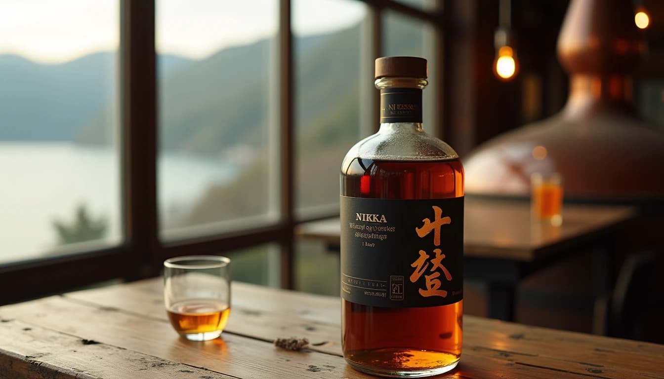 Editorial hero shot of a Nikka Whisky bottle — dark label, Japanese typography — placed on a weathered wooden distillery table at Yoichi, Hokkaido coastline visible through a misty window behind, soft diffused daylight from left, amber-toned glass and copper pot still partially visible in background, shallow depth of field, Whisky Magazine style, 35mm look, no candles, no flowers, editorial product photography, Whisky Magazine and Cigar Aficionado style, professional, hyperrealistic, warm amber lighting from window or bar lamp, polished wood and brass, shallow depth of field, 50mm lens look. Avoid: candles, lit candle, flowers, vases, Christmas decorations, neon, futuristic, jewelry, hanging bulbs, digital screens, motion blur, cartoon, illustration.