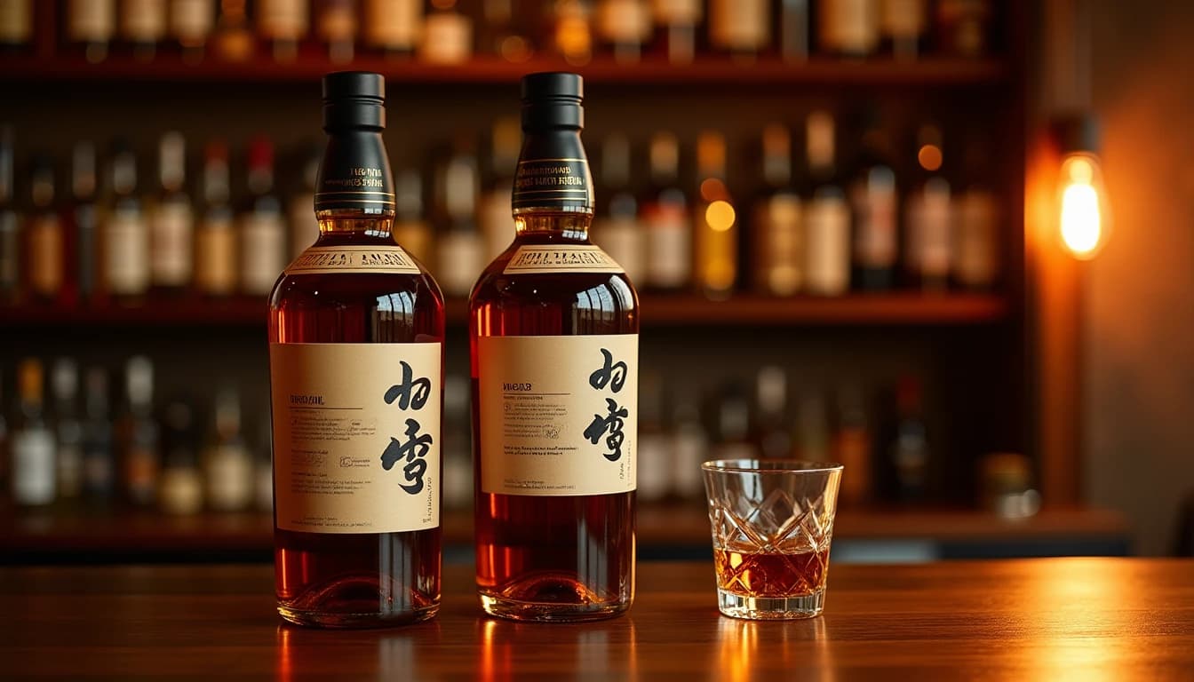 Editorial hero shot of three Japanese whisky bottles — Suntory Toki, Nikka From the Barrel, and Kaiyo — arranged on a dark walnut bar counter in Istanbul, warm amber side-lighting from a bar lamp on the right, shallow depth of field with blurred shelves in background, rich mahogany tones, one glass of whisky poured beside the bottles, photographic style of Whisky Magazine, 35mm lens feel, no candles, no flowers, editorial product photography, Whisky Magazine and Cigar Aficionado style, professional, hyperrealistic, warm amber lighting from window or bar lamp, polished wood and brass, shallow depth of field, 50mm lens look. Avoid: candles, lit candle, flowers, vases, Christmas decorations, neon, futuristic, jewelry, hanging bulbs, digital screens, motion blur, cartoon, illustration.