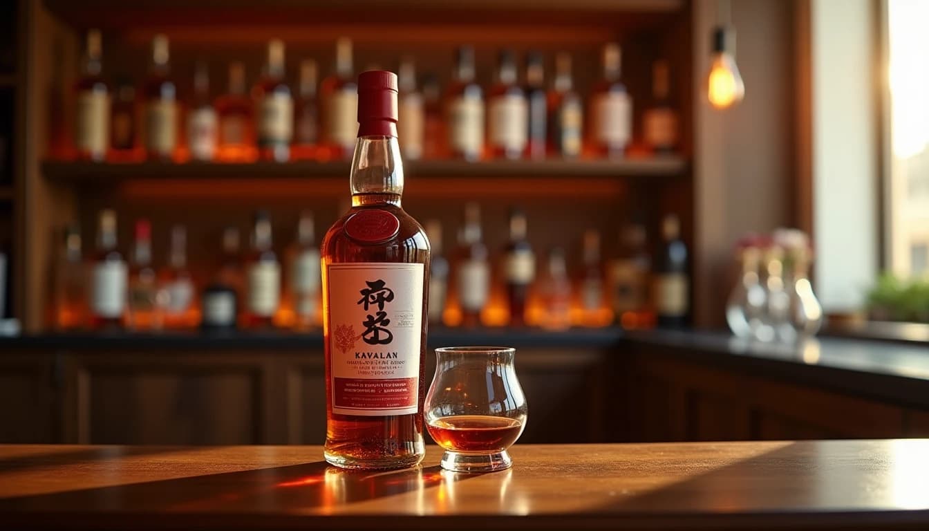 Editorial product photography of a Kavalan whisky bottle with its distinctive red and white label, placed on a dark polished teak counter with a half-filled Glencairn glass beside it showing deep amber liquid, warm soft window light from the right casting a gentle glow, blurred shelves with whisky bottles in background, Whisky Magazine style, 50mm lens feel, shallow depth of field, rich amber and mahogany color palette, no candles, no flowers, no neon, editorial product photography, Whisky Magazine and Cigar Aficionado style, professional, hyperrealistic, warm amber lighting from window or bar lamp, polished wood and brass, shallow depth of field, 50mm lens look. Avoid: candles, lit candle, flowers, vases, Christmas decorations, neon, futuristic, jewelry, hanging bulbs, digital screens, motion blur, cartoon, illustration.