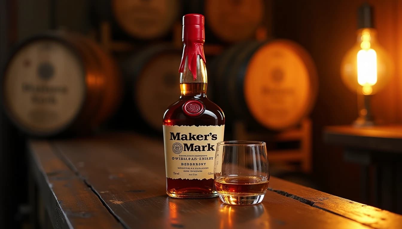 Editorial hero shot of a Maker's Mark bourbon bottle with its iconic red wax seal on a dark aged oak bar counter, warm amber light from a low bar lamp on the right side, a half-filled Glencairn glass beside it catching the golden liquid, blurred whiskey barrels in the soft background, deep shadows on the left, photographic style of Whisky Magazine, 35mm look, shallow depth of field, no candles, no flowers, no neon, editorial product photography, Whisky Magazine and Cigar Aficionado style, professional, hyperrealistic, warm amber lighting from window or bar lamp, polished wood and brass, shallow depth of field, 50mm lens look. Avoid: candles, lit candle, flowers, vases, Christmas decorations, neon, futuristic, jewelry, hanging bulbs, digital screens, motion blur, cartoon, illustration.