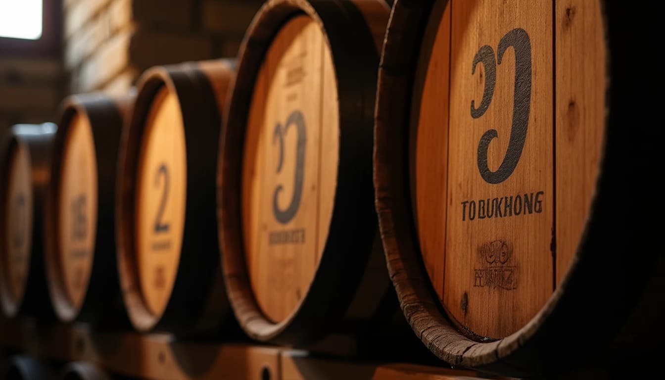 Editorial hero shot of a row of different oak casks in a traditional Scottish warehouse, dim natural light filtering through stone walls, barrels labeled with chalk marks indicating different wood types — ex-bourbon, sherry, port — stacked in the background, foreground barrel cut open slightly to reveal amber liquid inside, warm golden tones, low-key side lighting from a small window, wide angle, photographic style of Whisky Magazine, no candles, no flowers, no neon, editorial product photography, Whisky Magazine and Cigar Aficionado style, professional, hyperrealistic, warm amber lighting from window or bar lamp, polished wood and brass, shallow depth of field, 50mm lens look. Avoid: candles, lit candle, flowers, vases, Christmas decorations, neon, futuristic, jewelry, hanging bulbs, digital screens, motion blur, cartoon, illustration.