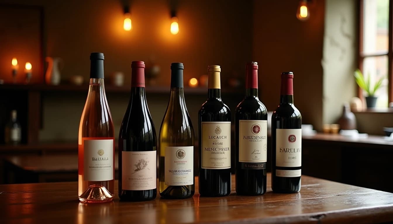 Editorial 16:9 hero shot of a dark wooden cellar table with six different wine bottles arranged by season, a Barolo, a Provence rosé, a Mosel Riesling, a Burgundy Chardonnay, a Barbaresco and a Port Wine bottle, soft warm amber light from a low side window illuminating the labels, deep shadow in background, rich earthy color palette, no candles, no flowers, photographic style of Decanter Magazine, wide angle, shallow depth of field, no human faces, editorial product photography, Whisky Magazine and Cigar Aficionado style, professional, hyperrealistic, warm amber lighting from window or bar lamp, polished wood and brass, shallow depth of field, 50mm lens look. Avoid: candles, lit candle, flowers, vases, Christmas decorations, neon, futuristic, jewelry, hanging bulbs, digital screens, motion blur, cartoon, illustration.