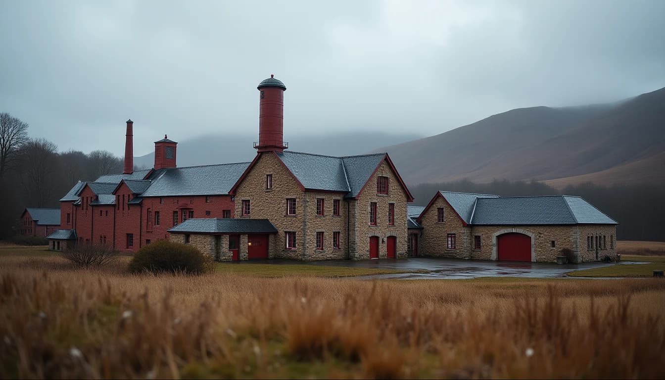 Editorial wide-angle shot of Glenfarclas distillery exterior at early morning, red and white stone buildings against soft grey Scottish sky, Speyside hills in background, wet grass in foreground, overcast natural light, no people, photographic style of Whisky Magazine, muted earth tones, cinematic depth, no candles, no flowers, no neon, editorial product photography, Whisky Magazine and Cigar Aficionado style, professional, hyperrealistic, warm amber lighting from window or bar lamp, polished wood and brass, shallow depth of field, 50mm lens look. Avoid: candles, lit candle, flowers, vases, Christmas decorations, neon, futuristic, jewelry, hanging bulbs, digital screens, motion blur, cartoon, illustration.