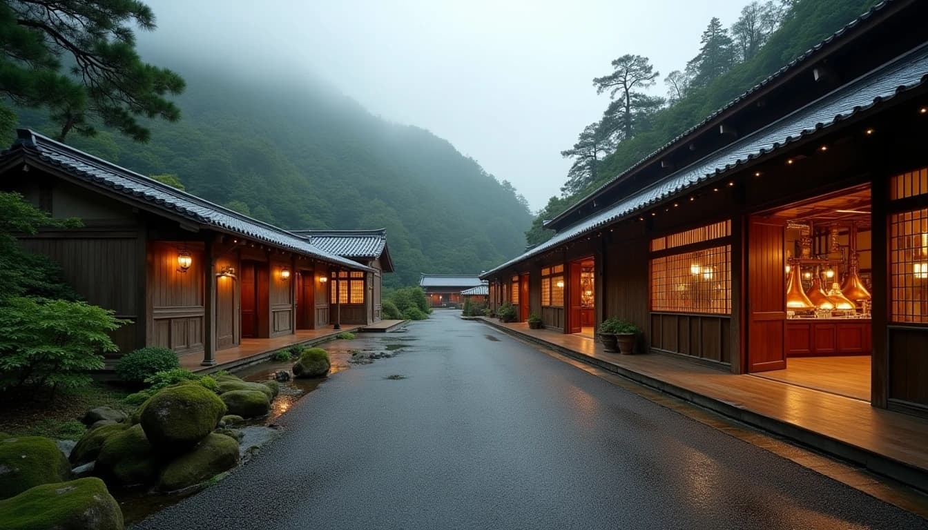 Editorial wide-angle shot of Yamazaki distillery exterior nestled between green forested hills near Osaka, traditional Japanese wooden architecture with copper pot stills visible through open warehouse doors, soft morning mist rising from the nearby river confluence, warm amber and grey-green color palette, overcast natural light, photographic style of Whisky Magazine, no candles, no flowers, no neon, editorial product photography, Whisky Magazine and Cigar Aficionado style, professional, hyperrealistic, warm amber lighting from window or bar lamp, polished wood and brass, shallow depth of field, 50mm lens look. Avoid: candles, lit candle, flowers, vases, Christmas decorations, neon, futuristic, jewelry, hanging bulbs, digital screens, motion blur, cartoon, illustration.