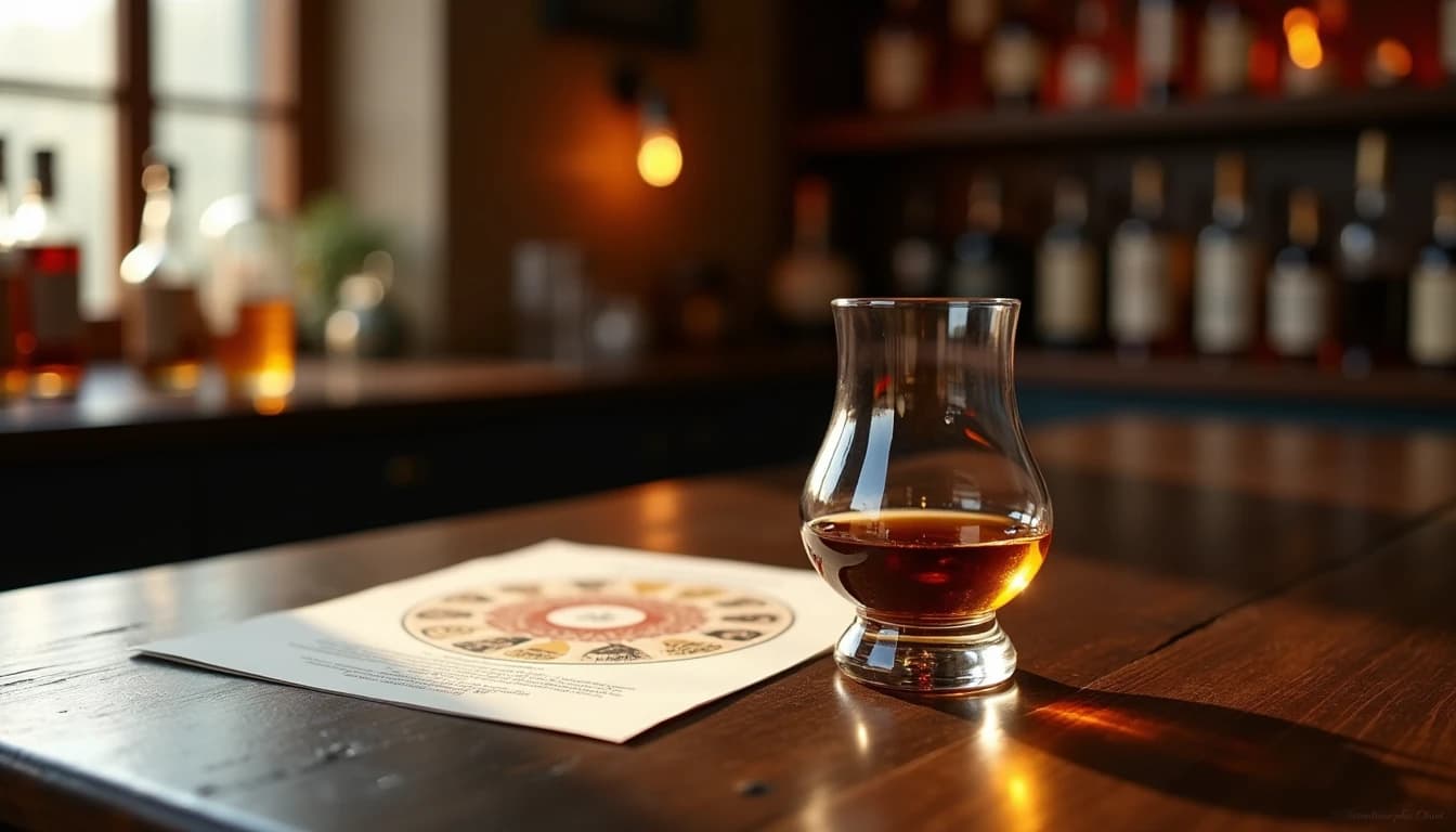 Editorial hero shot of a Glencairn whisky glass half-filled with amber single malt on a dark worn oak table, a printed flavor wheel diagram partially visible beside it, soft warm window light from the left casting gentle shadows, shallow depth of field, polished wood grain in foreground, blurred whisky bottles on shelves in background, Whisky Magazine style photography, 35mm lens look, rich amber and brown palette, no candles, no flowers, editorial product photography, Whisky Magazine and Cigar Aficionado style, professional, hyperrealistic, warm amber lighting from window or bar lamp, polished wood and brass, shallow depth of field, 50mm lens look. Avoid: candles, lit candle, flowers, vases, Christmas decorations, neon, futuristic, jewelry, hanging bulbs, digital screens, motion blur, cartoon, illustration.