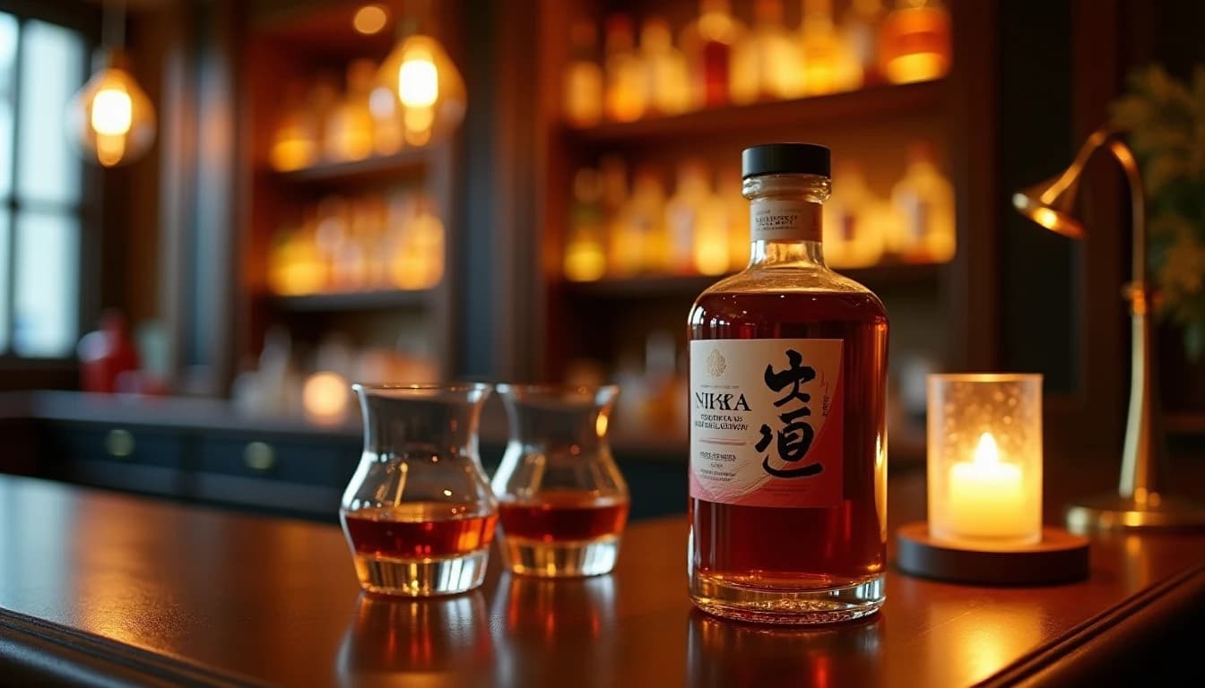 Editorial product photograph of a Nikka From The Barrel whisky bottle, the distinctive small rectangular frosted glass bottle with red and white label, placed on a dark polished walnut bar counter, warm amber side lighting from a low bar lamp on the right, two Glencairn glasses nearby one filled with deep amber liquid, blurred bottle shelf background with warm bokeh, shallow depth of field, Whisky Magazine style, 50mm lens impression, no candles, no flowers, no neon, editorial product photography, Whisky Magazine and Cigar Aficionado style, professional, hyperrealistic, warm amber lighting from window or bar lamp, polished wood and brass, shallow depth of field, 50mm lens look. Avoid: candles, lit candle, flowers, vases, Christmas decorations, neon, futuristic, jewelry, hanging bulbs, digital screens, motion blur, cartoon, illustration.