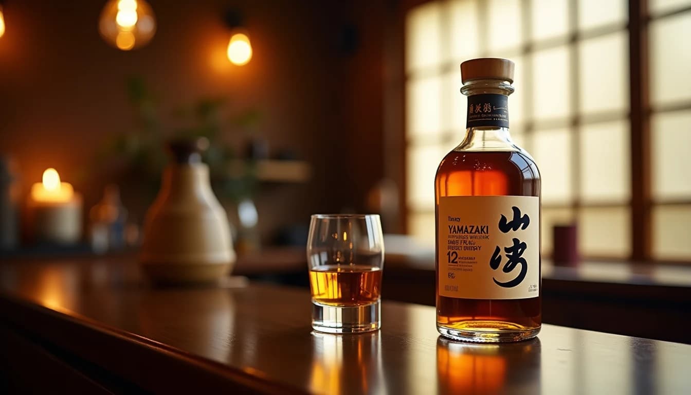 Editorial product shot of a Yamazaki 12 Years Japanese whisky bottle on a dark polished wooden bar counter, amber liquid in a Glencairn glass beside it, soft warm natural light entering from a side window, blurred Japanese shoji screen visible in background, deep amber and gold color palette, shallow depth of field, photographic style of Whisky Magazine, 50mm lens impression, no candles, no flowers, no neon, editorial product photography, Whisky Magazine and Cigar Aficionado style, professional, hyperrealistic, warm amber lighting from window or bar lamp, polished wood and brass, shallow depth of field, 50mm lens look. Avoid: candles, lit candle, flowers, vases, Christmas decorations, neon, futuristic, jewelry, hanging bulbs, digital screens, motion blur, cartoon, illustration.