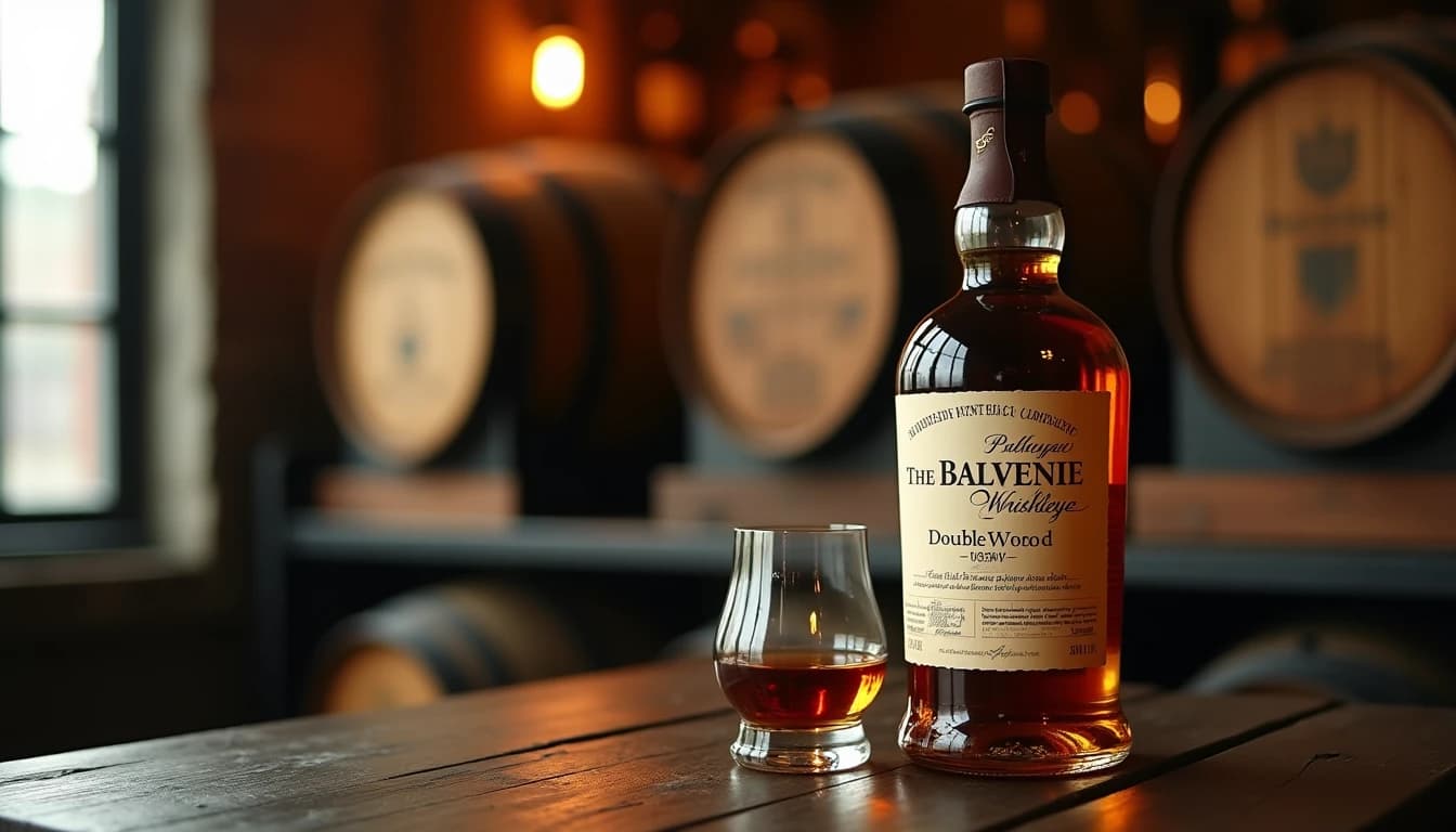 Editorial hero shot of a Balvenie DoubleWood whisky bottle on a dark weathered oak bar counter, warm amber Glencairn glass half-filled beside it, soft natural window light falling from the left, shallow depth of field, blurred whisky barrels in background, warm brown and gold color palette, Whisky Magazine style, 50mm lens look, no candles, no flowers, no neon, editorial product photography, Whisky Magazine and Cigar Aficionado style, professional, hyperrealistic, warm amber lighting from window or bar lamp, polished wood and brass, shallow depth of field, 50mm lens look. Avoid: candles, lit candle, flowers, vases, Christmas decorations, neon, futuristic, jewelry, hanging bulbs, digital screens, motion blur, cartoon, illustration.