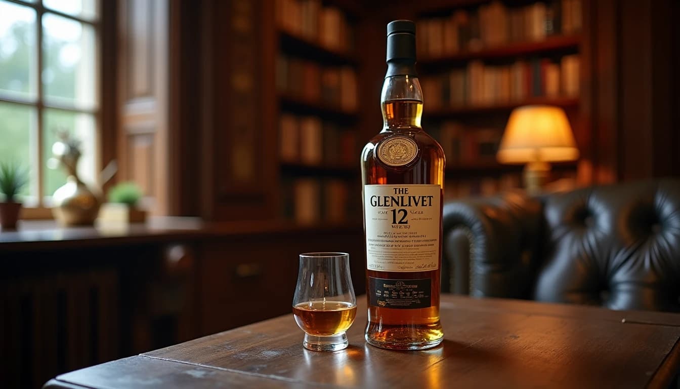 Editorial hero shot of a Glenlivet 12 Year Old whisky bottle on a dark aged oak table in a classic Scottish study, warm amber liquid in a Glencairn glass beside it, soft diffused window light coming from the left, bookshelves blurred in background, deep shadows, rich warm tones, photographic style of Whisky Magazine, 35mm lens look, shallow depth of field, no candles, no flowers, no neon, editorial product photography, Whisky Magazine and Cigar Aficionado style, professional, hyperrealistic, warm amber lighting from window or bar lamp, polished wood and brass, shallow depth of field, 50mm lens look. Avoid: candles, lit candle, flowers, vases, Christmas decorations, neon, futuristic, jewelry, hanging bulbs, digital screens, motion blur, cartoon, illustration.