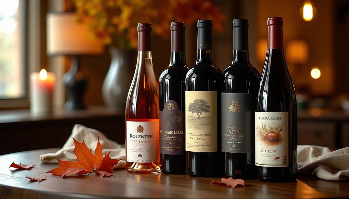 Editorial hero shot of five different wine bottles arranged by season on a dark walnut table, labels visible, ranging from a pale Provencal rose to a deep Barolo, soft warm ambient light from a side window, autumn leaves and a linen cloth subtly in background, Decanter magazine style, wide 16:9 composition, shallow depth of field on the bottles, no candles, no flowers, no neon, editorial product photography, Whisky Magazine and Cigar Aficionado style, professional, hyperrealistic, warm amber lighting from window or bar lamp, polished wood and brass, shallow depth of field, 50mm lens look. Avoid: candles, lit candle, flowers, vases, Christmas decorations, neon, futuristic, jewelry, hanging bulbs, digital screens, motion blur, cartoon, illustration.
