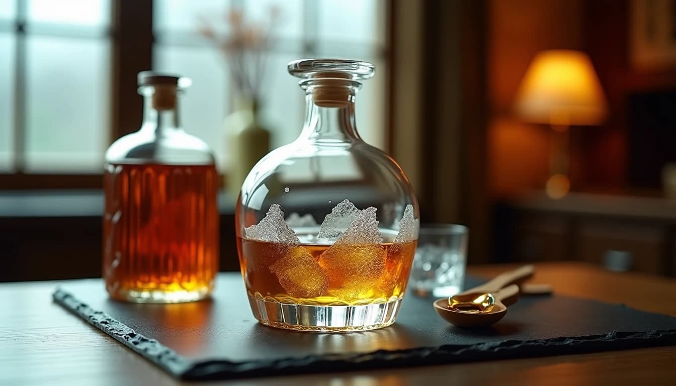 Editorial hero shot of a clear glass vessel filled with pristine mountain spring water beside an open bottle of Japanese whisky on a dark slate surface, soft natural light filtering through a frosted window from the left, shallow depth of field, amber reflections in the water, Whisky Magazine style product photography, 50mm lens impression, warm tones with cool highlights, no candles, no flowers, editorial product photography, Whisky Magazine and Cigar Aficionado style, professional, hyperrealistic, warm amber lighting from window or bar lamp, polished wood and brass, shallow depth of field, 50mm lens look. Avoid: candles, lit candle, flowers, vases, Christmas decorations, neon, futuristic, jewelry, hanging bulbs, digital screens, motion blur, cartoon, illustration.