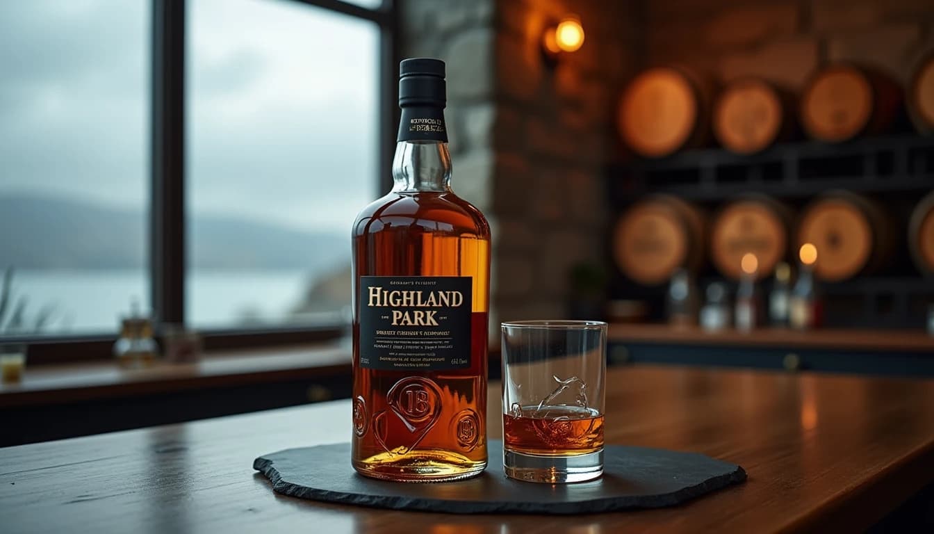 Editorial hero shot of a Highland Park 18 whisky bottle and an Orkney-style Glencairn glass on a dark slate surface, cold misty coastal window behind with grey sea and dramatic clouds visible, warm amber liquid in glass catching diffused natural light from left, blurred whisky barrels in background, Whisky Magazine editorial style, medium-wide angle, shallow depth of field, cool exterior meets warm interior color palette, no candles, no flowers, no neon, editorial product photography, Whisky Magazine and Cigar Aficionado style, professional, hyperrealistic, warm amber lighting from window or bar lamp, polished wood and brass, shallow depth of field, 50mm lens look. Avoid: candles, lit candle, flowers, vases, Christmas decorations, neon, futuristic, jewelry, hanging bulbs, digital screens, motion blur, cartoon, illustration.