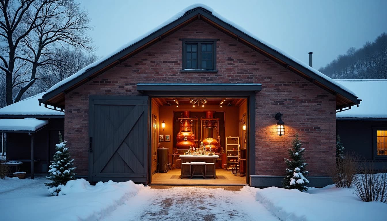 Editorial 16:9 hero shot of Yoichi Distillery exterior in Hokkaido winter, snow-dusted traditional brick buildings with copper pot stills visible through open distillery door, overcast northern light, cold blue-grey sky, bare apple trees in background, muted tones of charcoal and rust, photographic style of Whisky Magazine, wide angle, deep focus, no candles, no flowers, no neon, editorial product photography, Whisky Magazine and Cigar Aficionado style, professional, hyperrealistic, warm amber lighting from window or bar lamp, polished wood and brass, shallow depth of field, 50mm lens look. Avoid: candles, lit candle, flowers, vases, Christmas decorations, neon, futuristic, jewelry, hanging bulbs, digital screens, motion blur, cartoon, illustration.