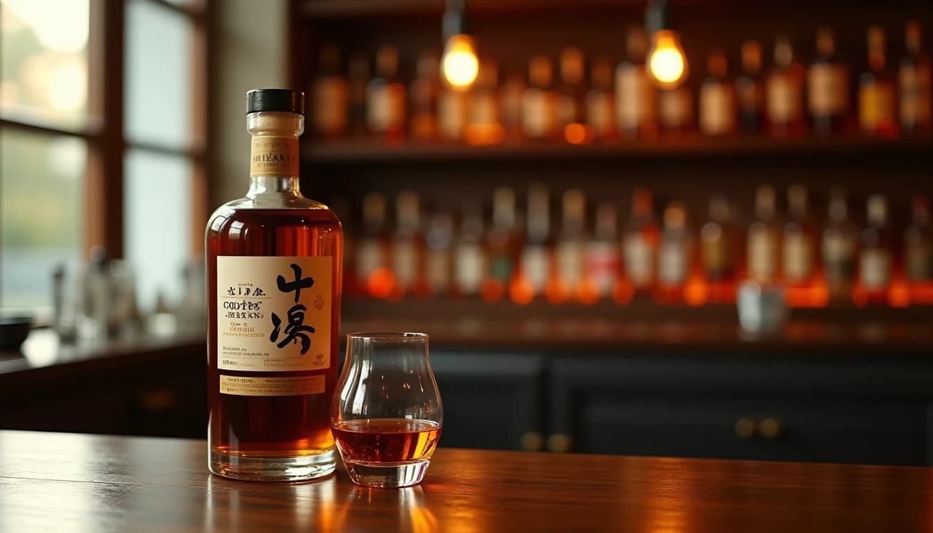 Editorial product photograph of a Nikka Coffey Grain whisky bottle on a dark walnut bar counter, warm amber liquid in a Glencairn glass beside it, soft directional window light from the left casting a long shadow, blurred rows of whisky bottles on wooden shelves in background, shallow depth of field, copper and gold color palette, professional whisky magazine style, no candles, no flowers, no neon, editorial product photography, Whisky Magazine and Cigar Aficionado style, professional, hyperrealistic, warm amber lighting from window or bar lamp, polished wood and brass, shallow depth of field, 50mm lens look. Avoid: candles, lit candle, flowers, vases, Christmas decorations, neon, futuristic, jewelry, hanging bulbs, digital screens, motion blur, cartoon, illustration.
