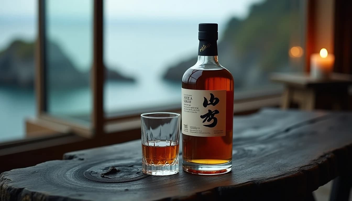 Editorial product photography of Nikka Yoichi Single Malt bottle on a dark driftwood surface near a coastal Hokkaido setting, bottle label clearly visible, Glencairn glass beside it filled with amber liquid, soft cool natural light from large window on left, blurred rocky coastline visible through glass in background, muted slate and amber color palette, Whisky Magazine style, 50mm lens look, shallow depth of field, no candles, no flowers, editorial product photography, Whisky Magazine and Cigar Aficionado style, professional, hyperrealistic, warm amber lighting from window or bar lamp, polished wood and brass, shallow depth of field, 50mm lens look. Avoid: candles, lit candle, flowers, vases, Christmas decorations, neon, futuristic, jewelry, hanging bulbs, digital screens, motion blur, cartoon, illustration.