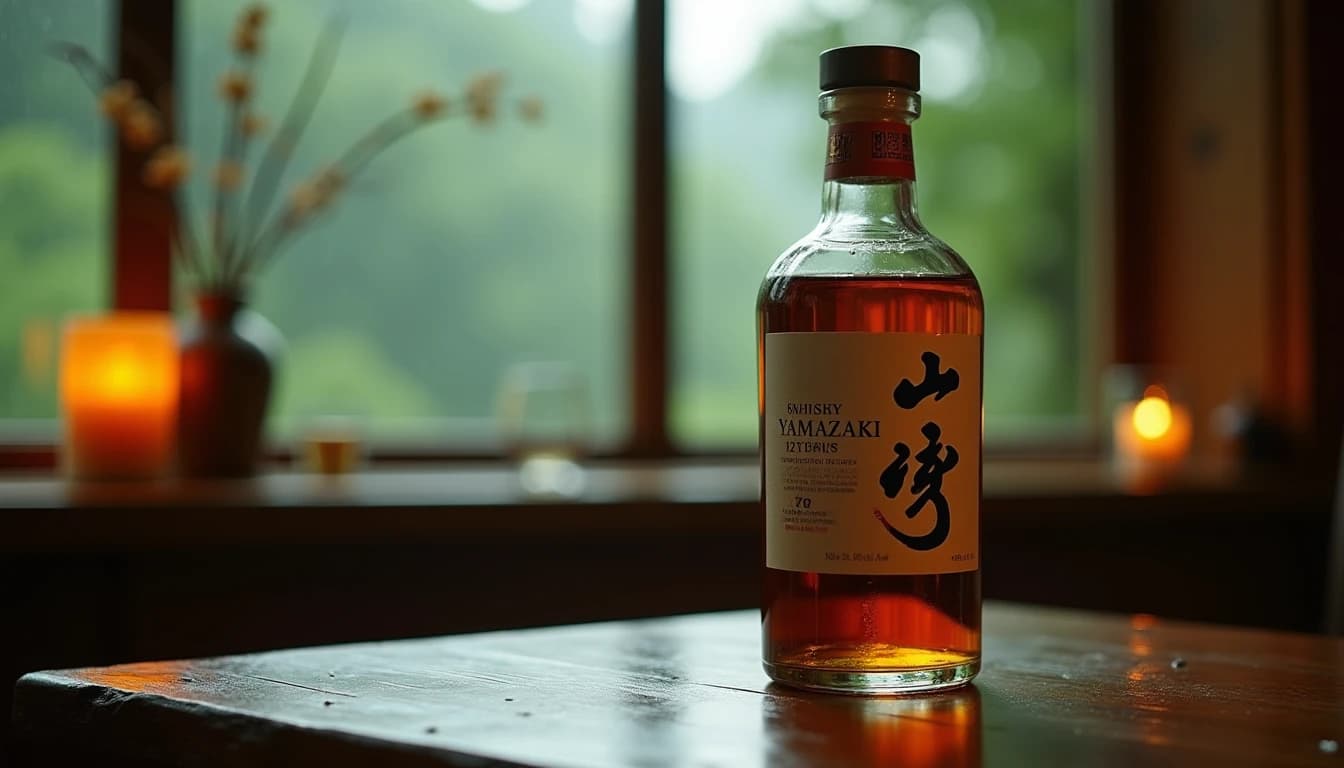 Editorial hero shot of a Yamazaki 12 Year single malt whisky bottle standing on a dark cedar wood surface, misty Japanese forest visible through a rain-streaked window behind it, soft diffused morning light from the left, amber liquid visible through glass, deep green tones outside, warm amber and brown color palette, Whisky Magazine photographic style, 50mm lens feel, shallow depth of field, no candles, no flowers, no neon, editorial product photography, Whisky Magazine and Cigar Aficionado style, professional, hyperrealistic, warm amber lighting from window or bar lamp, polished wood and brass, shallow depth of field, 50mm lens look. Avoid: candles, lit candle, flowers, vases, Christmas decorations, neon, futuristic, jewelry, hanging bulbs, digital screens, motion blur, cartoon, illustration.