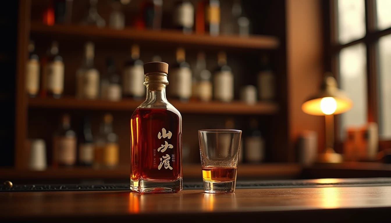 Editorial hero shot of a Nikka From The Barrel miniature square bottle standing upright on a dark walnut bar counter, amber liquid visible through glass, soft warm side lighting from a low bar lamp on the right, a half-filled Glencairn glass beside it with golden whisky catching the light, blurred whisky bottles on shelves in background, deep shadow zones, photographic style of Whisky Magazine, 50mm lens look, shallow depth of field, rich amber and charcoal color palette, no candles, no flowers, no neon, editorial product photography, Whisky Magazine and Cigar Aficionado style, professional, hyperrealistic, warm amber lighting from window or bar lamp, polished wood and brass, shallow depth of field, 50mm lens look. Avoid: candles, lit candle, flowers, vases, Christmas decorations, neon, futuristic, jewelry, hanging bulbs, digital screens, motion blur, cartoon, illustration.