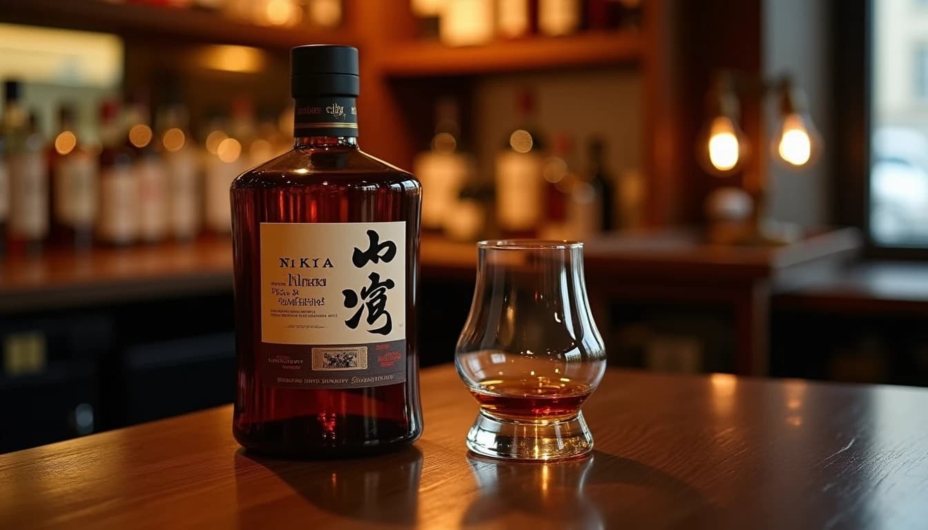 Editorial product shot of a Nikka From The Barrel whisky bottle, its distinctive compact rectangular shape on a dark polished walnut bar counter, a half-filled Glencairn glass beside it with amber liquid, soft warm side-lighting from a low bar lamp in background, blurred bottles on shelves behind, shallow depth of field, photographic style of Whisky Magazine, 50mm lens impression, color palette of deep amber and dark wood, no candles, no flowers, editorial product photography, Whisky Magazine and Cigar Aficionado style, professional, hyperrealistic, warm amber lighting from window or bar lamp, polished wood and brass, shallow depth of field, 50mm lens look. Avoid: candles, lit candle, flowers, vases, Christmas decorations, neon, futuristic, jewelry, hanging bulbs, digital screens, motion blur, cartoon, illustration.