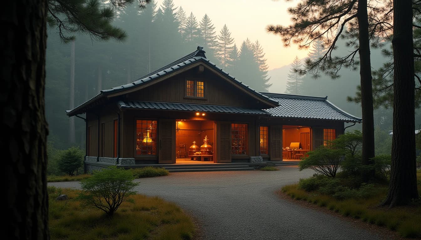 Editorial wide-angle photograph of Yamazaki Distillery building exterior surrounded by dense cedar and pine forest near Osaka, traditional Japanese wooden architecture with copper pot stills visible through open warehouse doors, soft morning mist rising from the nearby river, warm amber dawn light filtering through trees, photographic style of Whisky Magazine, cinematic depth, no candles, no flowers, no neon, editorial product photography, Whisky Magazine and Cigar Aficionado style, professional, hyperrealistic, warm amber lighting from window or bar lamp, polished wood and brass, shallow depth of field, 50mm lens look. Avoid: candles, lit candle, flowers, vases, Christmas decorations, neon, futuristic, jewelry, hanging bulbs, digital screens, motion blur, cartoon, illustration.