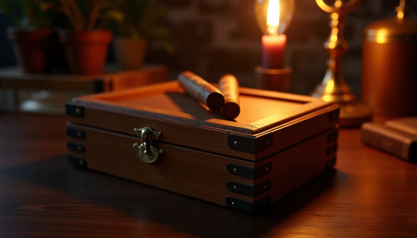 Editorial hero shot of a closed Spanish cedar humidor on a dark walnut library desk, two premium cigars resting on top with cedar divider visible, warm amber side lighting from a classic desk lamp, polished wood grain texture, deep shadows, rich brown and mahogany tones, photographic style of Cigar Aficionado magazine, medium wide angle, shallow depth of field, no candles, no flowers, no neon, editorial product photography, Whisky Magazine and Cigar Aficionado style, professional, hyperrealistic, warm amber lighting from window or bar lamp, polished wood and brass, shallow depth of field, 50mm lens look. Avoid: candles, lit candle, flowers, vases, Christmas decorations, neon, futuristic, jewelry, hanging bulbs, digital screens, motion blur, cartoon, illustration.