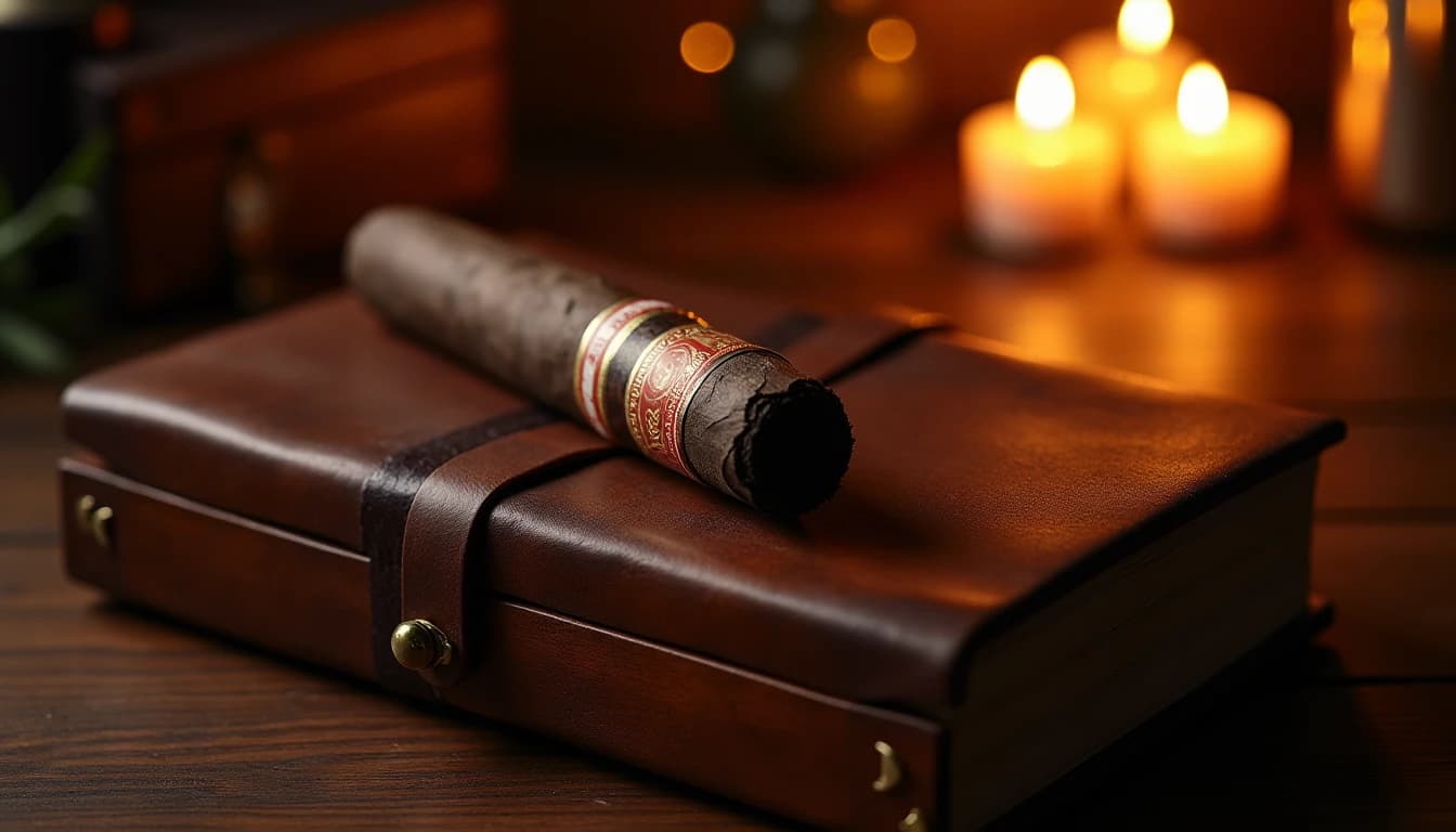Editorial hero shot of a Padron 1964 Anniversary Maduro Torpedo cigar resting on a dark walnut humidor lid, leather-bound journal beside it, warm amber side lighting from a table lamp off-frame, deep mahogany and tobacco-brown color palette, shallow depth of field, cigar band in sharp focus, polished wood grain visible, Cigar Aficionado magazine style, 50mm lens feel, no candles, no flowers, no neon, editorial product photography, Whisky Magazine and Cigar Aficionado style, professional, hyperrealistic, warm amber lighting from window or bar lamp, polished wood and brass, shallow depth of field, 50mm lens look. Avoid: candles, lit candle, flowers, vases, Christmas decorations, neon, futuristic, jewelry, hanging bulbs, digital screens, motion blur, cartoon, illustration.