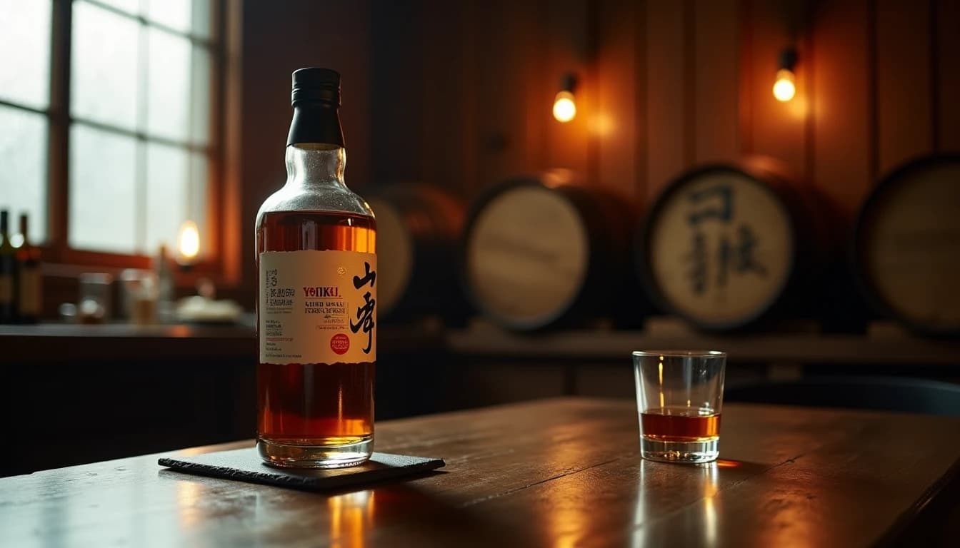 Editorial hero shot of a Nikka Yoichi Single Malt bottle standing on a dark slate surface inside a moody Japanese whisky bar, amber liquid visible through the bottle, soft warm side-light from a frosted window on the left casting long shadows, blurred whisky barrels visible in the deep background, Glencairn glass half-filled beside the bottle, rich amber and charcoal color palette, 50mm lens impression, shallow depth of field, Whisky Magazine editorial style, no candles, no flowers, no neon, editorial product photography, Whisky Magazine and Cigar Aficionado style, professional, hyperrealistic, warm amber lighting from window or bar lamp, polished wood and brass, shallow depth of field, 50mm lens look. Avoid: candles, lit candle, flowers, vases, Christmas decorations, neon, futuristic, jewelry, hanging bulbs, digital screens, motion blur, cartoon, illustration.