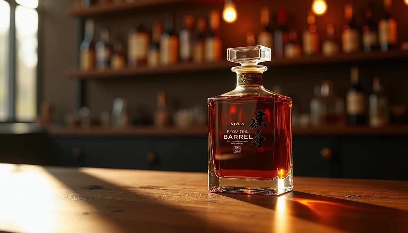 Editorial product shot of a Nikka From the Barrel whisky bottle, its distinctive compact rectangular shape on a dark walnut surface, warm amber liquid visible through the glass, soft directional window light from upper left casting a long shadow, blurred bar shelves with bottles in deep background, rich amber and dark brown color palette, photographic style of Whisky Magazine, 85mm lens impression, shallow depth of field, no candles, no flowers, no neon, editorial product photography, Whisky Magazine and Cigar Aficionado style, professional, hyperrealistic, warm amber lighting from window or bar lamp, polished wood and brass, shallow depth of field, 50mm lens look. Avoid: candles, lit candle, flowers, vases, Christmas decorations, neon, futuristic, jewelry, hanging bulbs, digital screens, motion blur, cartoon, illustration.