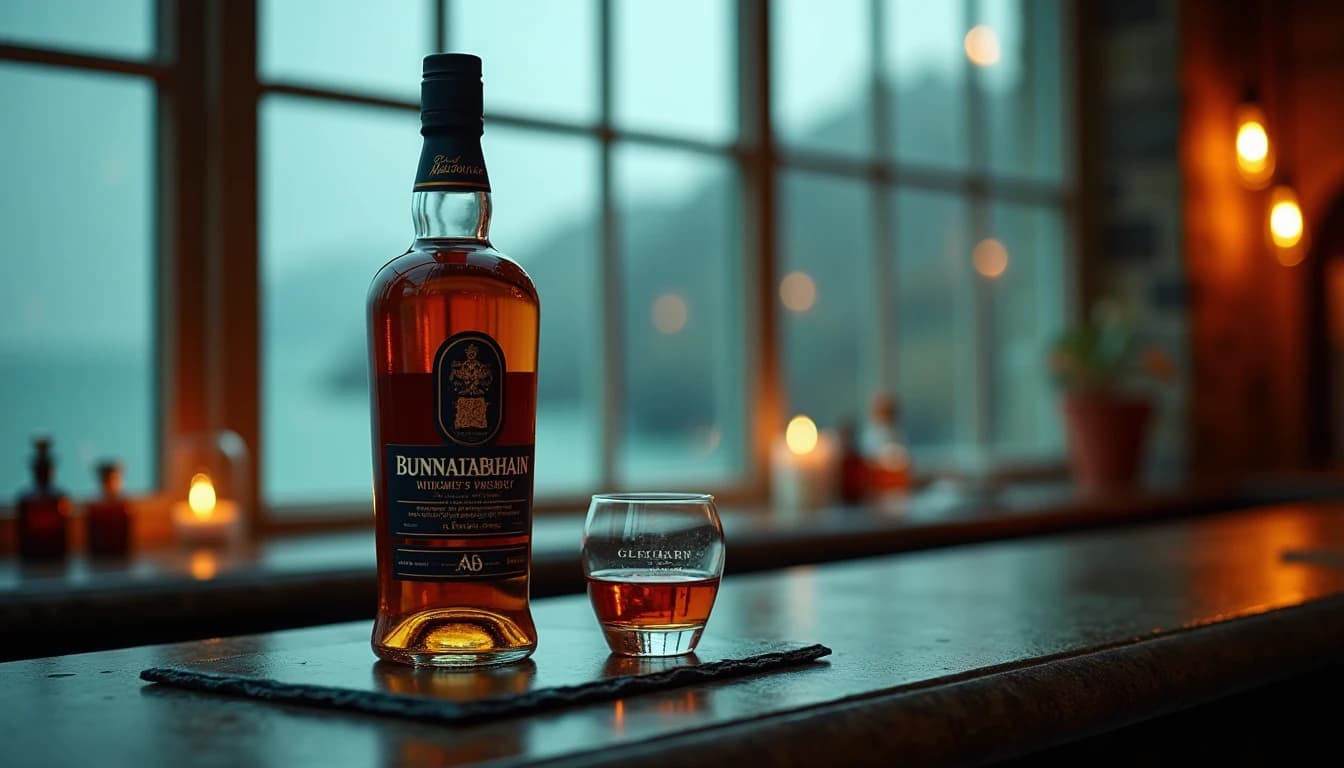 Editorial 16:9 hero shot of a Bunnahabhain whisky bottle on a dark slate surface, amber liquid in a Glencairn glass beside it, soft warm window light from the left casting long shadows, blurred Scottish coastal landscape through a rain-speckled window in background, deep teal and amber color palette, polished stone counter, shallow depth of field, Whisky Magazine photographic style, no candles, no flowers, no neon, editorial product photography, Whisky Magazine and Cigar Aficionado style, professional, hyperrealistic, warm amber lighting from window or bar lamp, polished wood and brass, shallow depth of field, 50mm lens look. Avoid: candles, lit candle, flowers, vases, Christmas decorations, neon, futuristic, jewelry, hanging bulbs, digital screens, motion blur, cartoon, illustration.