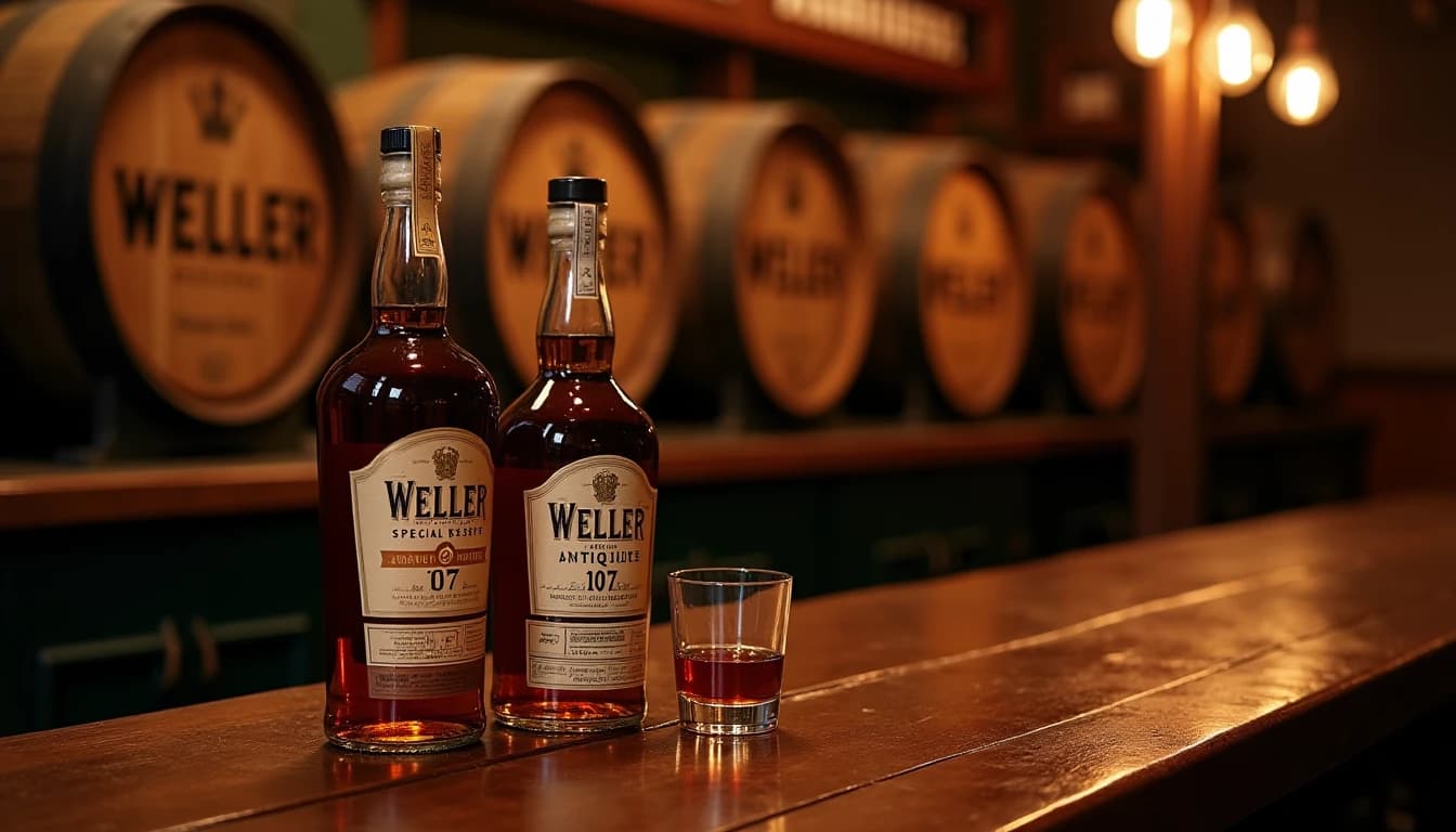 Editorial hero shot of a Weller Special Reserve bourbon bottle and Weller Antique 107 bottle standing together on a dark aged oak bar counter in a dimly lit Kentucky bourbon bar, warm amber backlight from a low bar lamp behind bottles, polished wood surface with grain detail visible, shallow depth of field blurring antique whiskey barrels in background, copper Glencairn glass half-filled with rich amber bourbon beside the bottles, Whisky Magazine photographic style, 35mm look, no candles, no flowers, no neon, editorial product photography, Whisky Magazine and Cigar Aficionado style, professional, hyperrealistic, warm amber lighting from window or bar lamp, polished wood and brass, shallow depth of field, 50mm lens look. Avoid: candles, lit candle, flowers, vases, Christmas decorations, neon, futuristic, jewelry, hanging bulbs, digital screens, motion blur, cartoon, illustration.