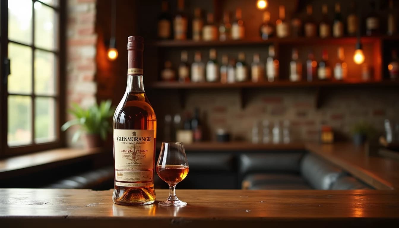 Editorial hero shot of a Glenmorangie Original bottle on a dark aged oak bar counter, warm amber Glencairn glass half-filled with golden whisky placed beside it, soft diffused afternoon light from a large window to the left, polished mahogany bar surface with subtle grain texture, background showing blurred bottles on wooden shelves, professional product photography style of Whisky Magazine, 50mm lens look, shallow depth of field, amber and warm brown color palette, no candles, no flowers, no neon, editorial product photography, Whisky Magazine and Cigar Aficionado style, professional, hyperrealistic, warm amber lighting from window or bar lamp, polished wood and brass, shallow depth of field, 50mm lens look. Avoid: candles, lit candle, flowers, vases, Christmas decorations, neon, futuristic, jewelry, hanging bulbs, digital screens, motion blur, cartoon, illustration.