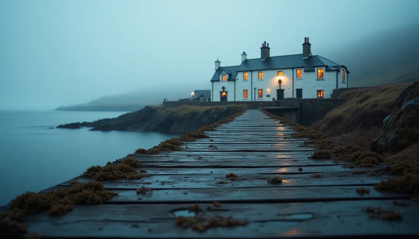 Editorial wide-angle shot of Islay coastline at dawn, Ardbeg distillery white buildings visible in misty background, a weathered wooden pier in foreground, cold grey-blue sea reflecting pale morning light, damp stone and seaweed texture, photographic style of Whisky Magazine travel feature, muted tones with amber warmth in distillery windows, no candles, no flowers, cinematic atmosphere, 24mm look, deep depth of field, editorial product photography, Whisky Magazine and Cigar Aficionado style, professional, hyperrealistic, warm amber lighting from window or bar lamp, polished wood and brass, shallow depth of field, 50mm lens look. Avoid: candles, lit candle, flowers, vases, Christmas decorations, neon, futuristic, jewelry, hanging bulbs, digital screens, motion blur, cartoon, illustration.