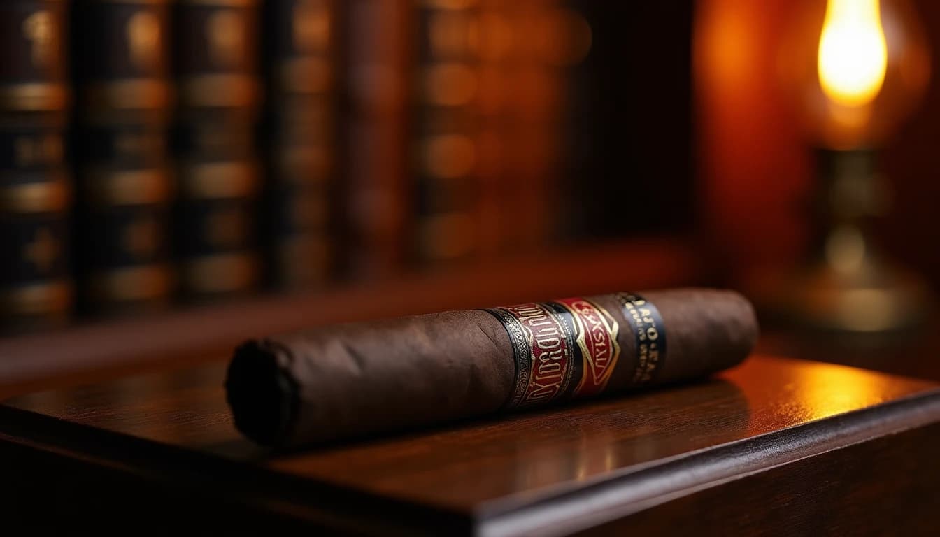 Editorial product photography of a Padron 1964 Anniversary Maduro cigar resting on a dark walnut humidor lid, the cigar band clearly visible, deep chocolate-brown maduro wrapper with slight oily sheen, warm amber side lighting from a nearby lamp casting long shadows, background of a mahogany bookshelf with leather-bound volumes slightly blurred, low-key atmosphere, 50mm lens close-up, Cigar Aficionado magazine editorial style, no candles, no flowers, rich shadow detail, editorial product photography, Whisky Magazine and Cigar Aficionado style, professional, hyperrealistic, warm amber lighting from window or bar lamp, polished wood and brass, shallow depth of field, 50mm lens look. Avoid: candles, lit candle, flowers, vases, Christmas decorations, neon, futuristic, jewelry, hanging bulbs, digital screens, motion blur, cartoon, illustration.