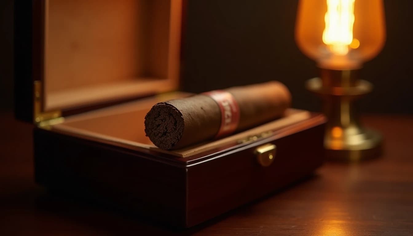 Editorial hero shot of a Montecristo No. 2 torpedo cigar resting on a dark mahogany humidor lid, slightly open humidor revealing cedar interior behind it, warm amber side light from a table lamp out of frame to the right, rich brown and gold color palette, shallow depth of field, polished wood grain visible, no candles, no flowers, Cigar Aficionado magazine style, 50mm lens look, horizontal 16:9 composition, editorial product photography, Whisky Magazine and Cigar Aficionado style, professional, hyperrealistic, warm amber lighting from window or bar lamp, polished wood and brass, shallow depth of field, 50mm lens look. Avoid: candles, lit candle, flowers, vases, Christmas decorations, neon, futuristic, jewelry, hanging bulbs, digital screens, motion blur, cartoon, illustration.