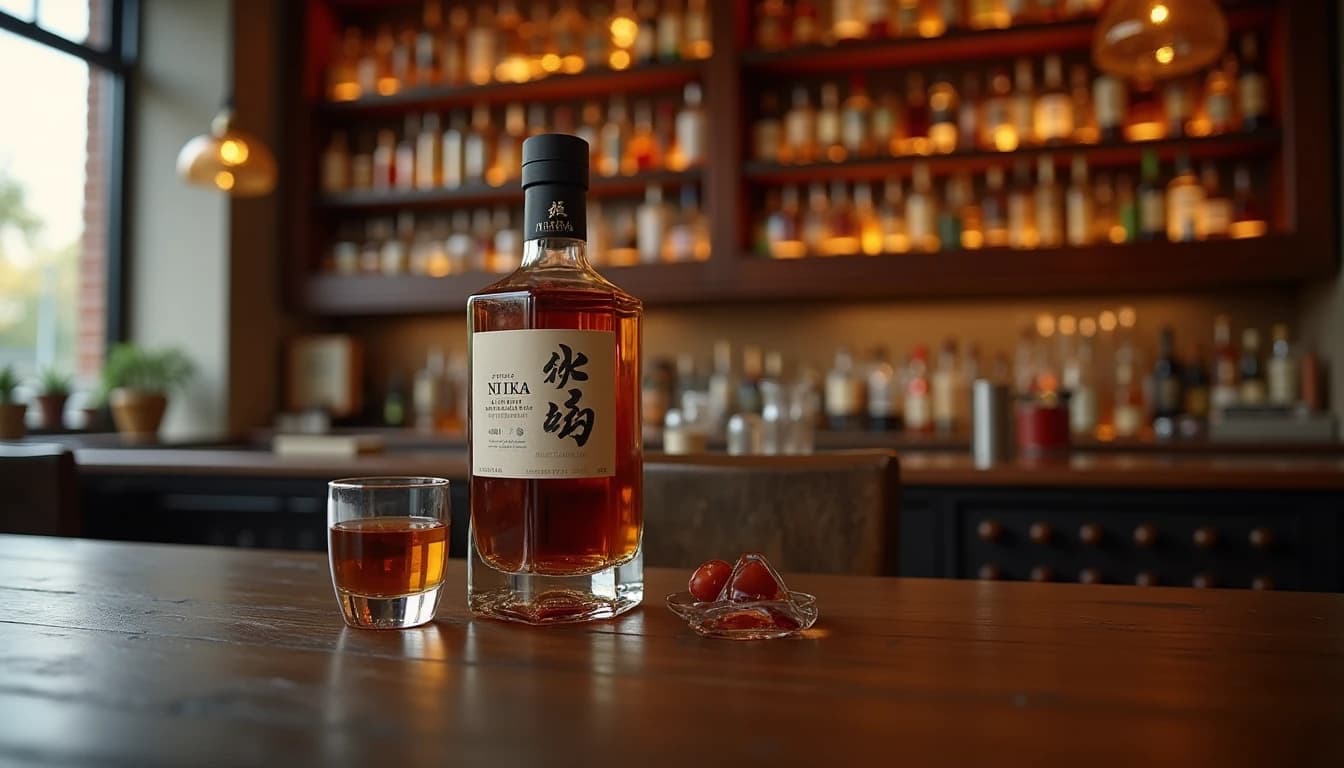 Editorial product photography of a Nikka From The Barrel whisky bottle on a dark walnut surface, the distinctive compact square bottle label clearly visible, a half-filled Glencairn glass beside it showing deep amber liquid, warm ambient light from the left casting soft shadows, blurred wooden shelves with whisky bottles in the background, no candles, no flowers, photographic style of Whisky Magazine, 50mm lens impression, shallow depth of field, rich copper and dark brown tones, editorial product photography, Whisky Magazine and Cigar Aficionado style, professional, hyperrealistic, warm amber lighting from window or bar lamp, polished wood and brass, shallow depth of field, 50mm lens look. Avoid: candles, lit candle, flowers, vases, Christmas decorations, neon, futuristic, jewelry, hanging bulbs, digital screens, motion blur, cartoon, illustration.