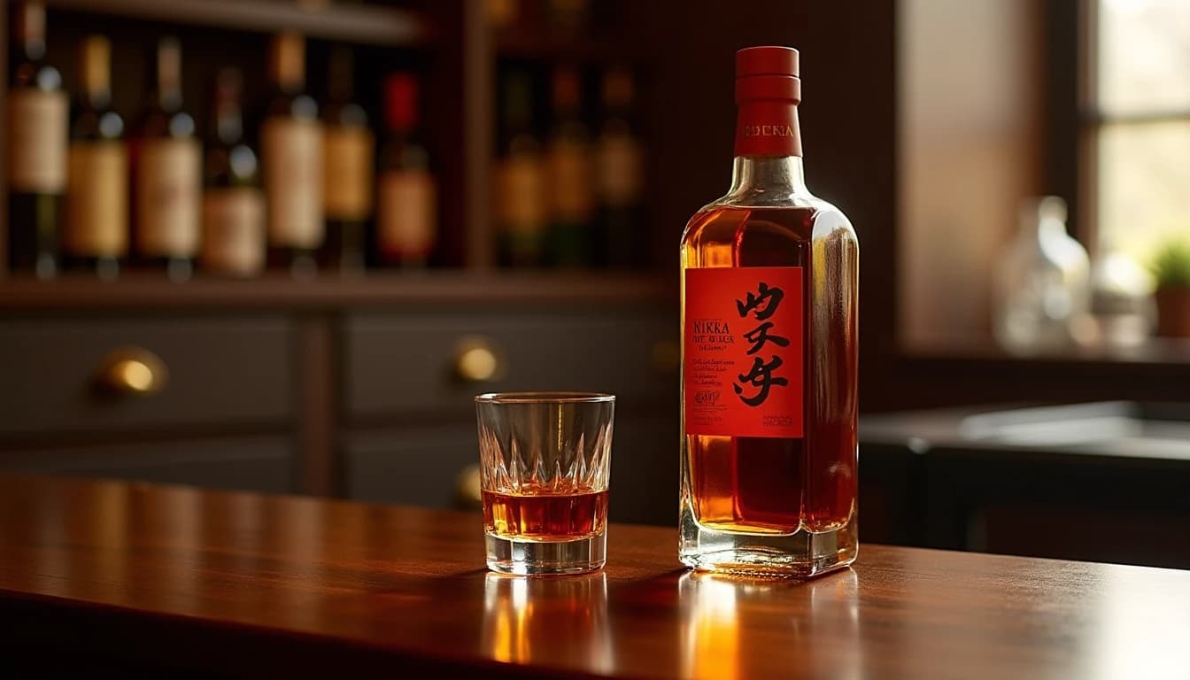 Editorial product shot of a Nikka From The Barrel 500ml whisky bottle standing upright on a dark walnut surface, its distinctive square compact shape and red label clearly visible, a filled Glencairn glass beside it with amber liquid catching warm side-window light, polished dark wood bar background with blurred bottles on shelves, low-key amber color palette, shallow depth of field, photographic style of Whisky Magazine, 50mm lens look, no candles, no flowers, no neon, editorial product photography, Whisky Magazine and Cigar Aficionado style, professional, hyperrealistic, warm amber lighting from window or bar lamp, polished wood and brass, shallow depth of field, 50mm lens look. Avoid: candles, lit candle, flowers, vases, Christmas decorations, neon, futuristic, jewelry, hanging bulbs, digital screens, motion blur, cartoon, illustration.