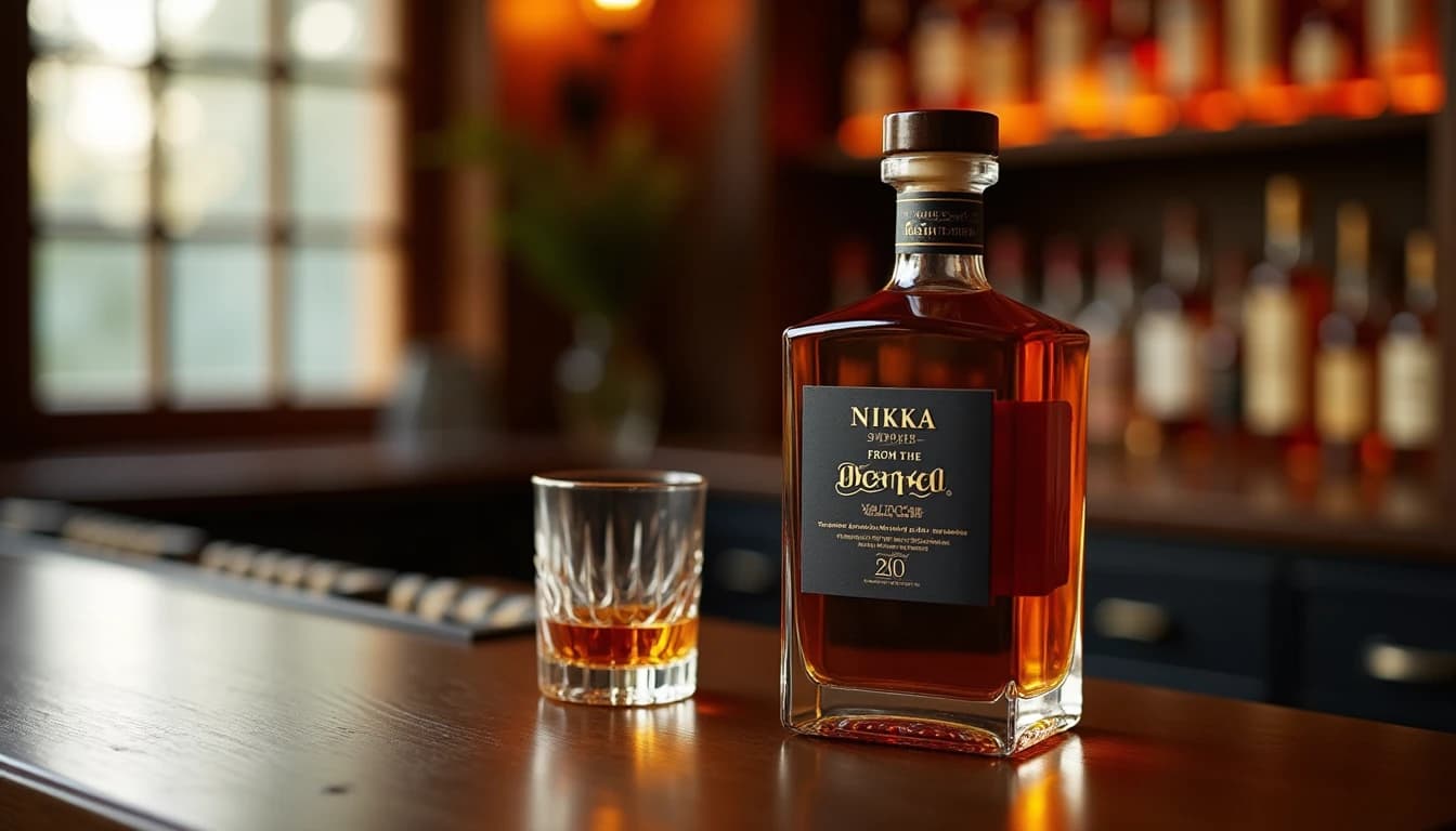 Editorial product photography of a Nikka From The Barrel whisky bottle, compact square bottle with dark label, placed on a dark walnut bar surface, deep amber Glencairn glass beside it half-filled with whisky, soft warm side light from a window casting long shadows, blurred bottles on wooden shelves in background, rich copper and brown color palette, 50mm lens look, shallow depth of field, photographic style of Whisky Magazine, no candles, no flowers, no neon, editorial product photography, Whisky Magazine and Cigar Aficionado style, professional, hyperrealistic, warm amber lighting from window or bar lamp, polished wood and brass, shallow depth of field, 50mm lens look. Avoid: candles, lit candle, flowers, vases, Christmas decorations, neon, futuristic, jewelry, hanging bulbs, digital screens, motion blur, cartoon, illustration.