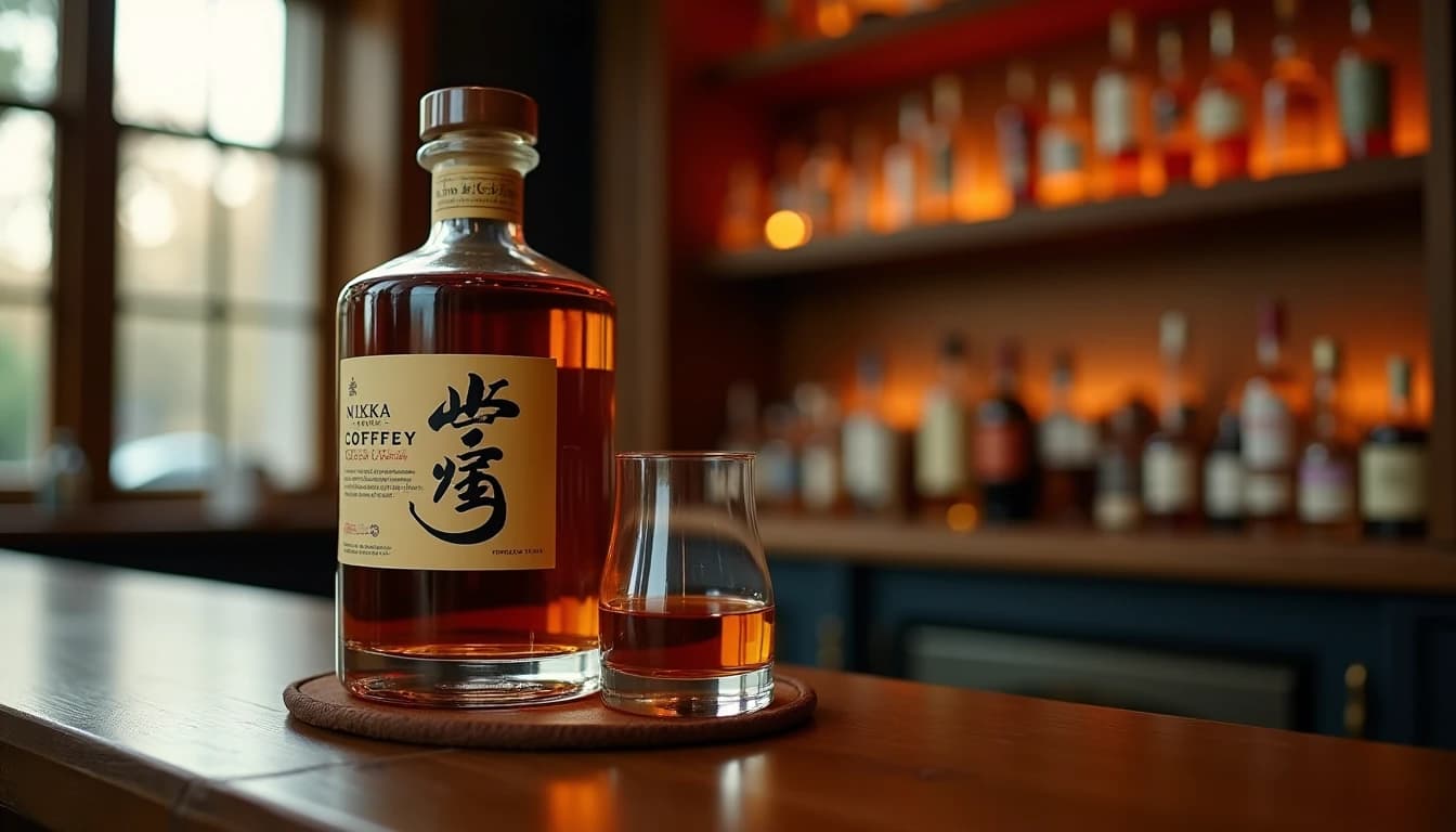 Editorial hero shot of a Nikka Coffey Grain whisky bottle standing on a dark walnut bar counter, warm amber Glencairn glass beside it half-filled with golden liquid, soft window light coming from the left casting long shadows, blurred rows of whisky bottles on shelves behind, a worn leather coaster underneath, photographic style of Whisky Magazine, 35mm look, shallow depth of field, rich warm amber and deep brown palette, no candles, no flowers, no neon, editorial product photography, Whisky Magazine and Cigar Aficionado style, professional, hyperrealistic, warm amber lighting from window or bar lamp, polished wood and brass, shallow depth of field, 50mm lens look. Avoid: candles, lit candle, flowers, vases, Christmas decorations, neon, futuristic, jewelry, hanging bulbs, digital screens, motion blur, cartoon, illustration.