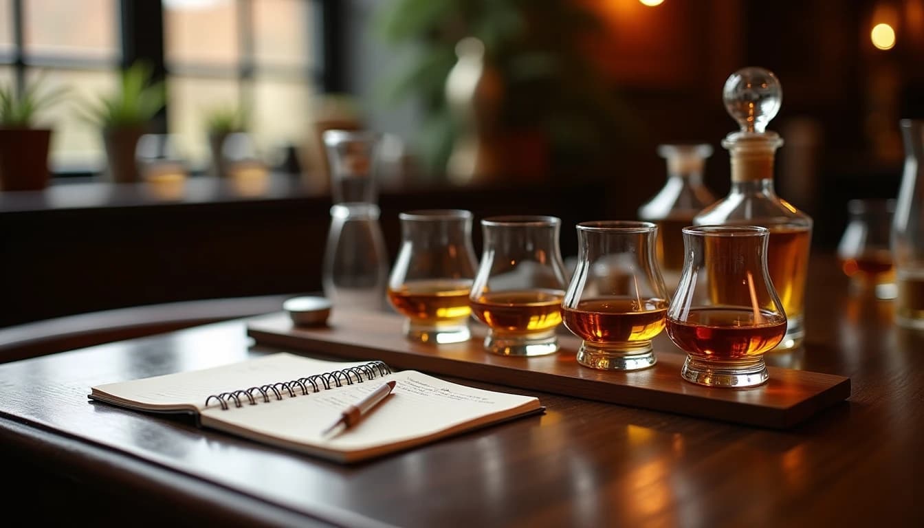Editorial hero shot of a whisky tasting setup on a dark walnut table, three different Glencairn glasses arranged in a row each holding a different amber-toned whisky, a small notebook open beside them with handwritten tasting notes, soft warm diffused window light from the left, shallow depth of field, muted earth tones and amber palette, Whisky Magazine style product lifestyle photography, 35mm lens feel, no candles, no flowers, editorial product photography, Whisky Magazine and Cigar Aficionado style, professional, hyperrealistic, warm amber lighting from window or bar lamp, polished wood and brass, shallow depth of field, 50mm lens look. Avoid: candles, lit candle, flowers, vases, Christmas decorations, neon, futuristic, jewelry, hanging bulbs, digital screens, motion blur, cartoon, illustration.
