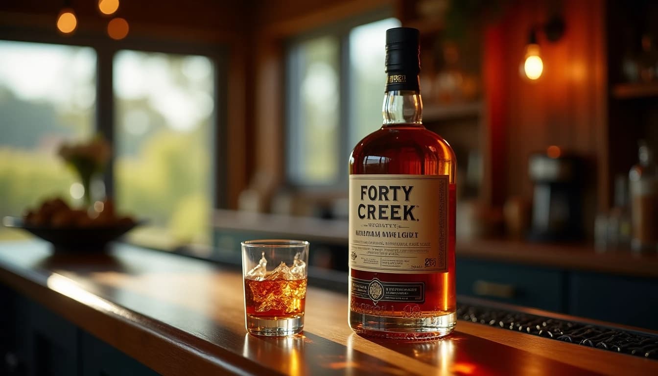 Editorial product photograph of a Forty Creek Canadian whisky bottle on a dark walnut bar counter, warm amber glass of whisky poured beside it, soft natural window light from the left casting long shadows, Ontario vineyard visible through a blurred background window, shallow depth of field, Whisky Magazine style, 50mm lens look, muted warm tones, no candles, no flowers, no neon, editorial product photography, Whisky Magazine and Cigar Aficionado style, professional, hyperrealistic, warm amber lighting from window or bar lamp, polished wood and brass, shallow depth of field, 50mm lens look. Avoid: candles, lit candle, flowers, vases, Christmas decorations, neon, futuristic, jewelry, hanging bulbs, digital screens, motion blur, cartoon, illustration.